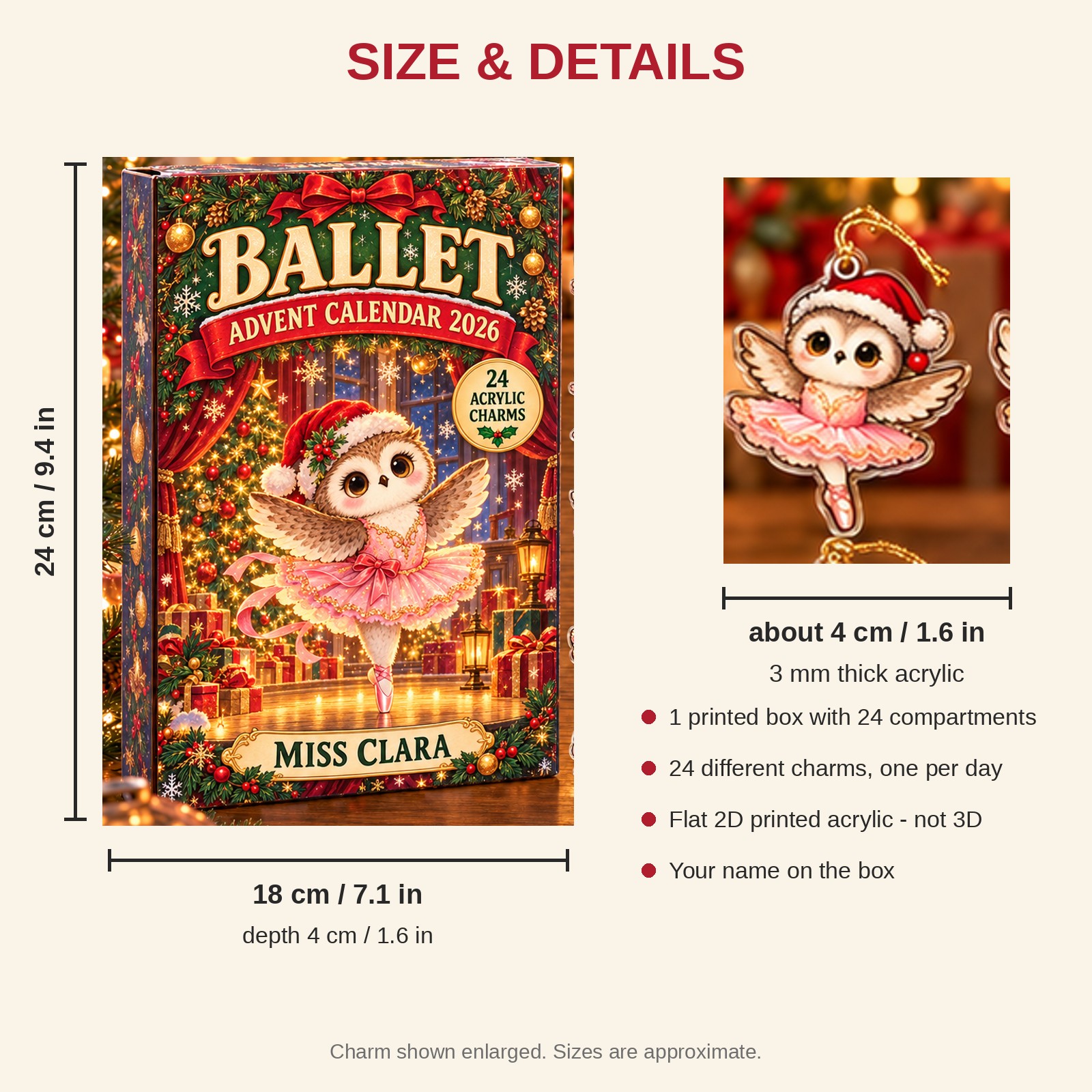 Personalized Ballet Owl advent calendar box with 24 flat acrylic Christmas charms: box and charm sizes