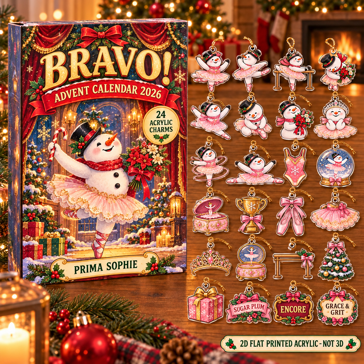 Personalized Ballet Snowman advent calendar box with 24 flat acrylic Christmas charms