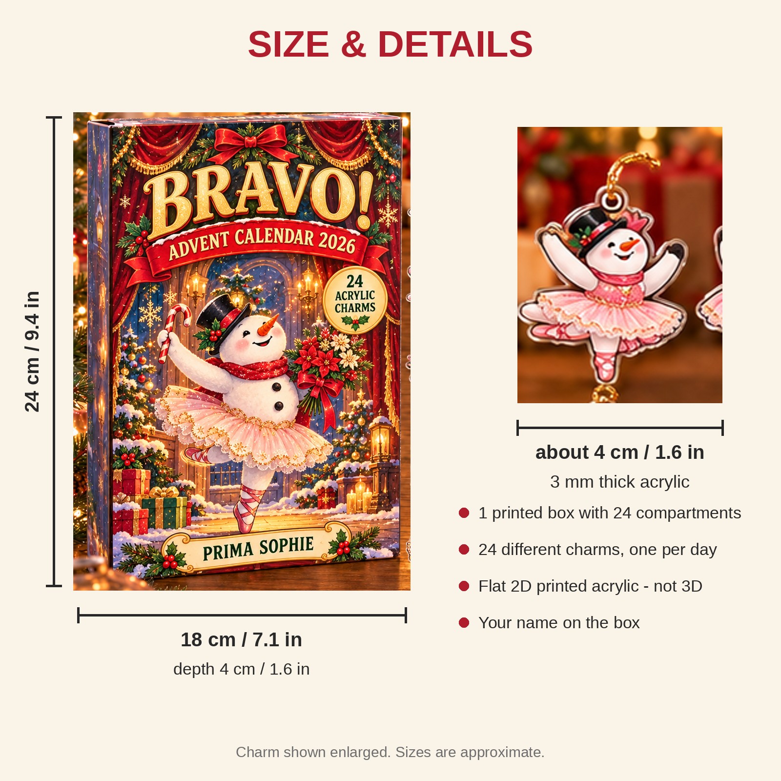 Personalized Ballet Snowman advent calendar box with 24 flat acrylic Christmas charms: box and charm sizes