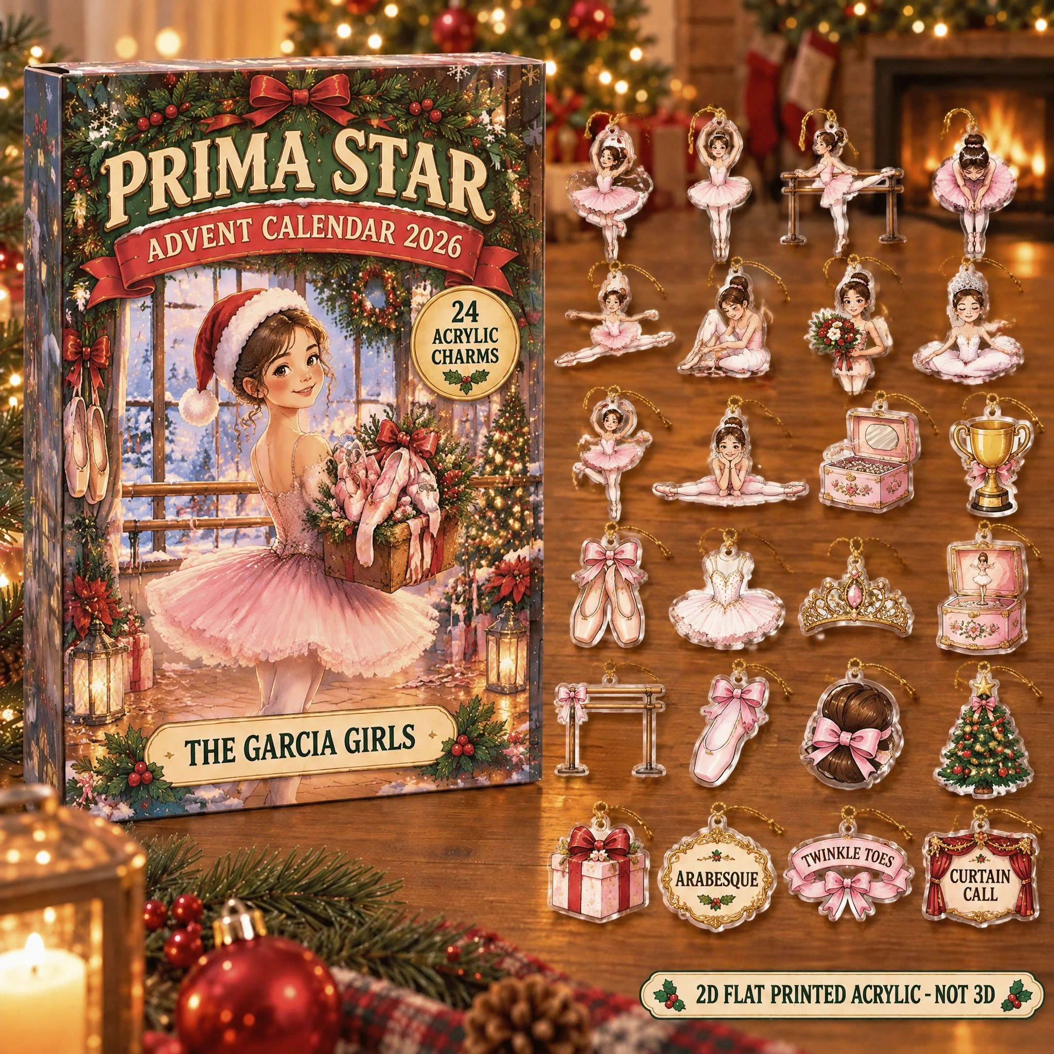 Personalized Ballet Survival Kit advent calendar box with 24 flat acrylic Christmas charms