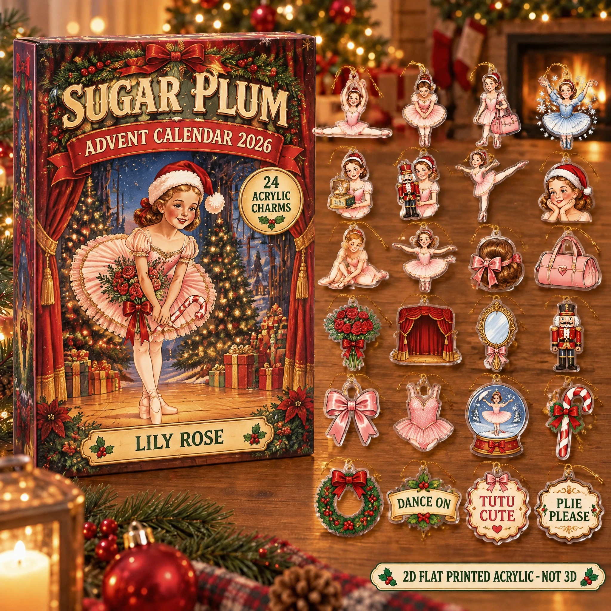 Personalized Vintage Retro Ballet advent calendar box with 24 flat acrylic Christmas charms
