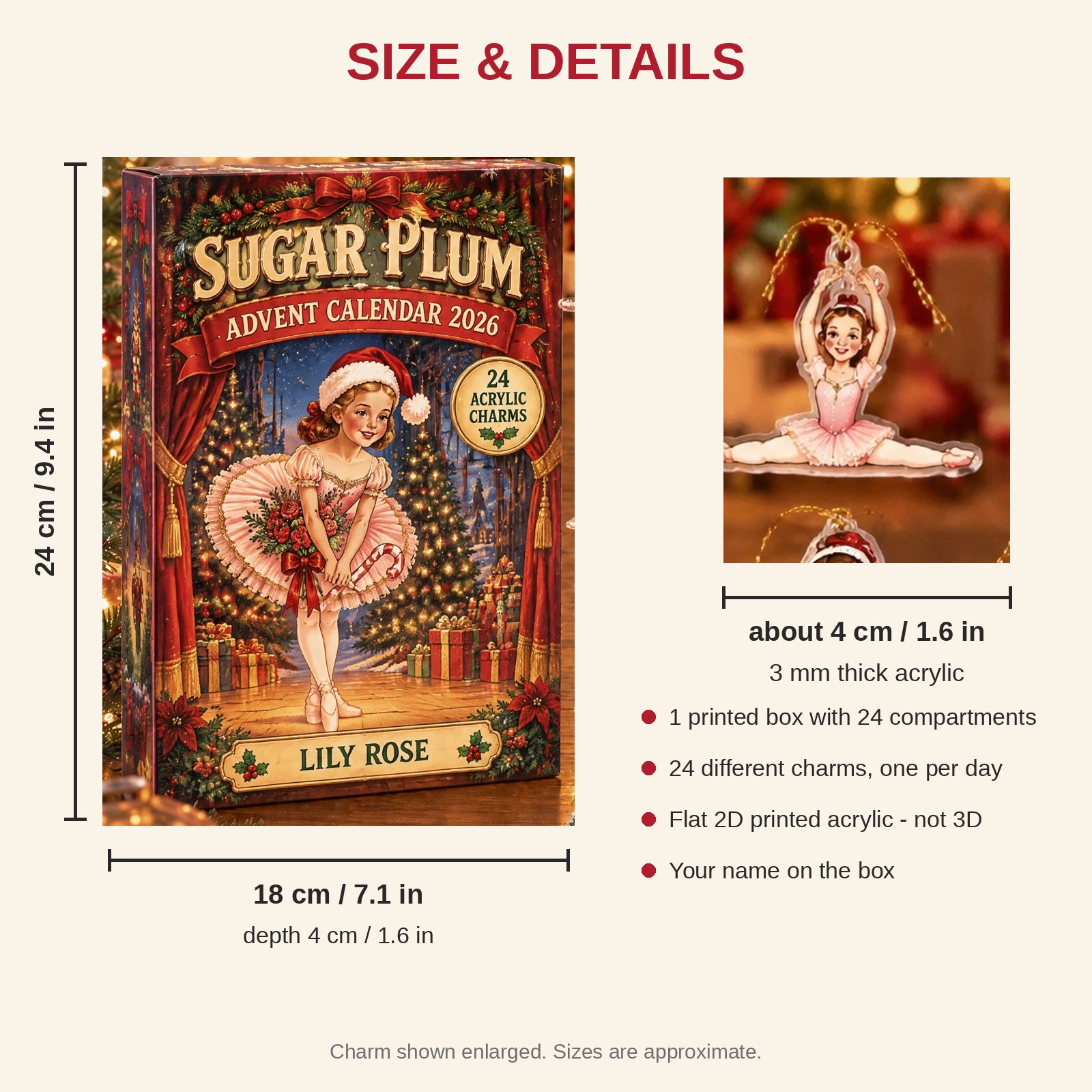 Personalized Vintage Retro Ballet advent calendar box with 24 flat acrylic Christmas charms: box and charm sizes
