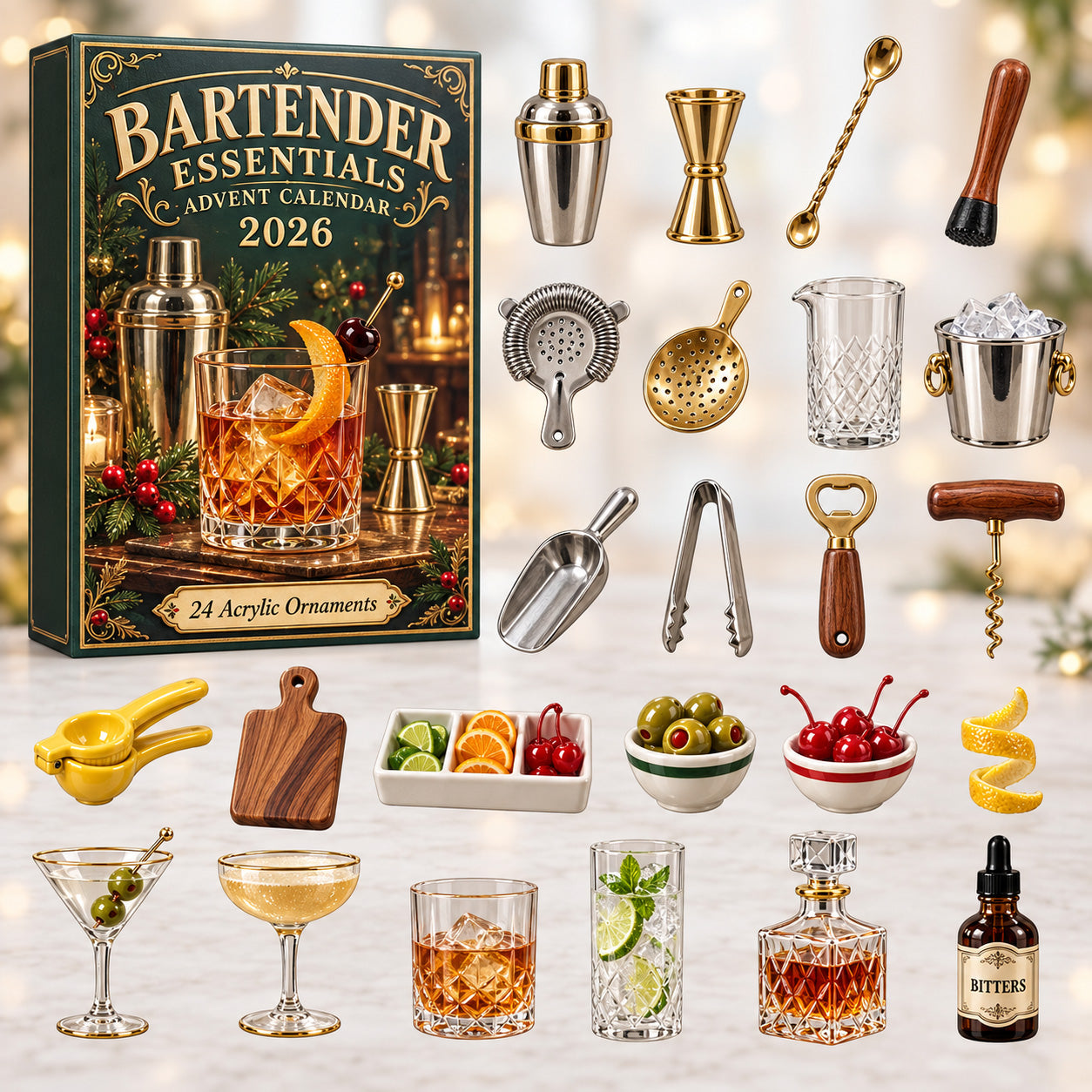 Bartender Essentials advent calendar box with 24 acrylic Christmas charms