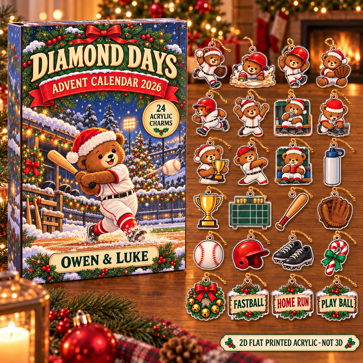 Personalized Baseball Bear advent calendar box with 24 flat acrylic Christmas charms