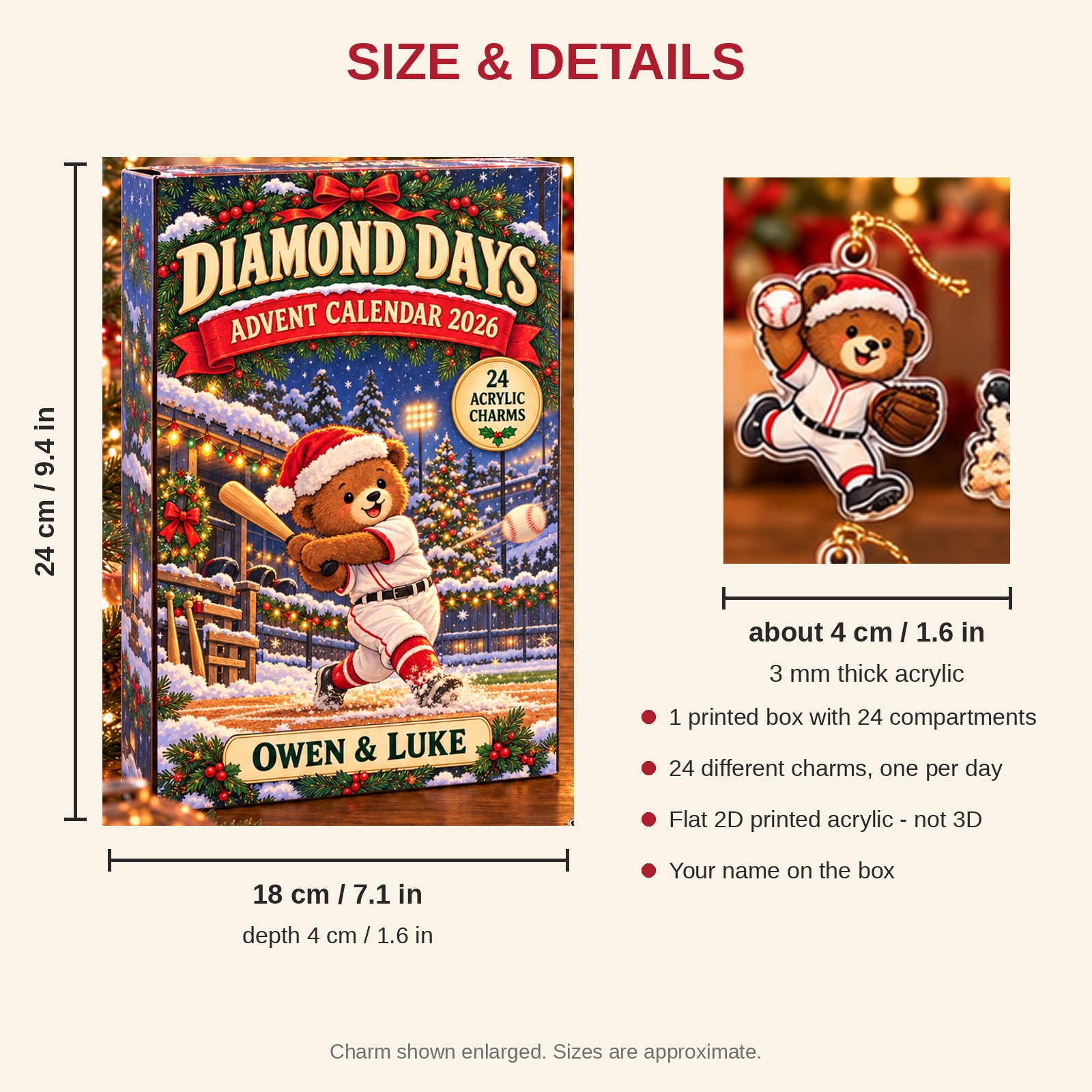 Personalized Baseball Bear advent calendar box with 24 flat acrylic Christmas charms: box and charm sizes
