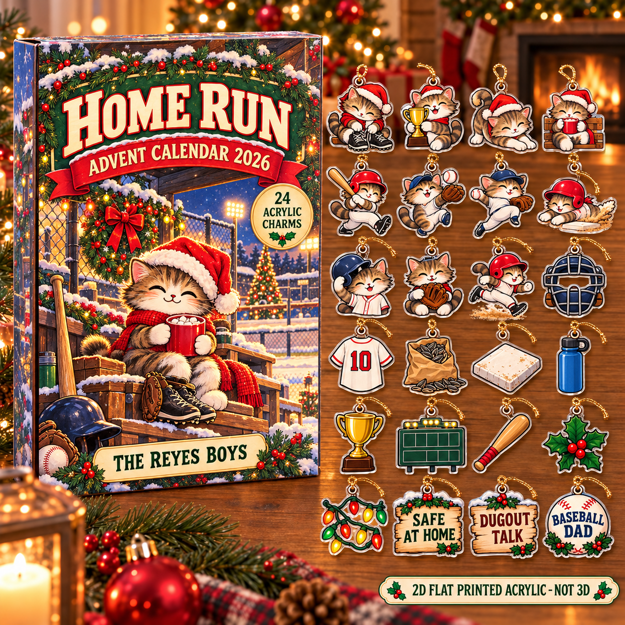 Personalized Baseball Cat advent calendar box with 24 flat acrylic Christmas charms