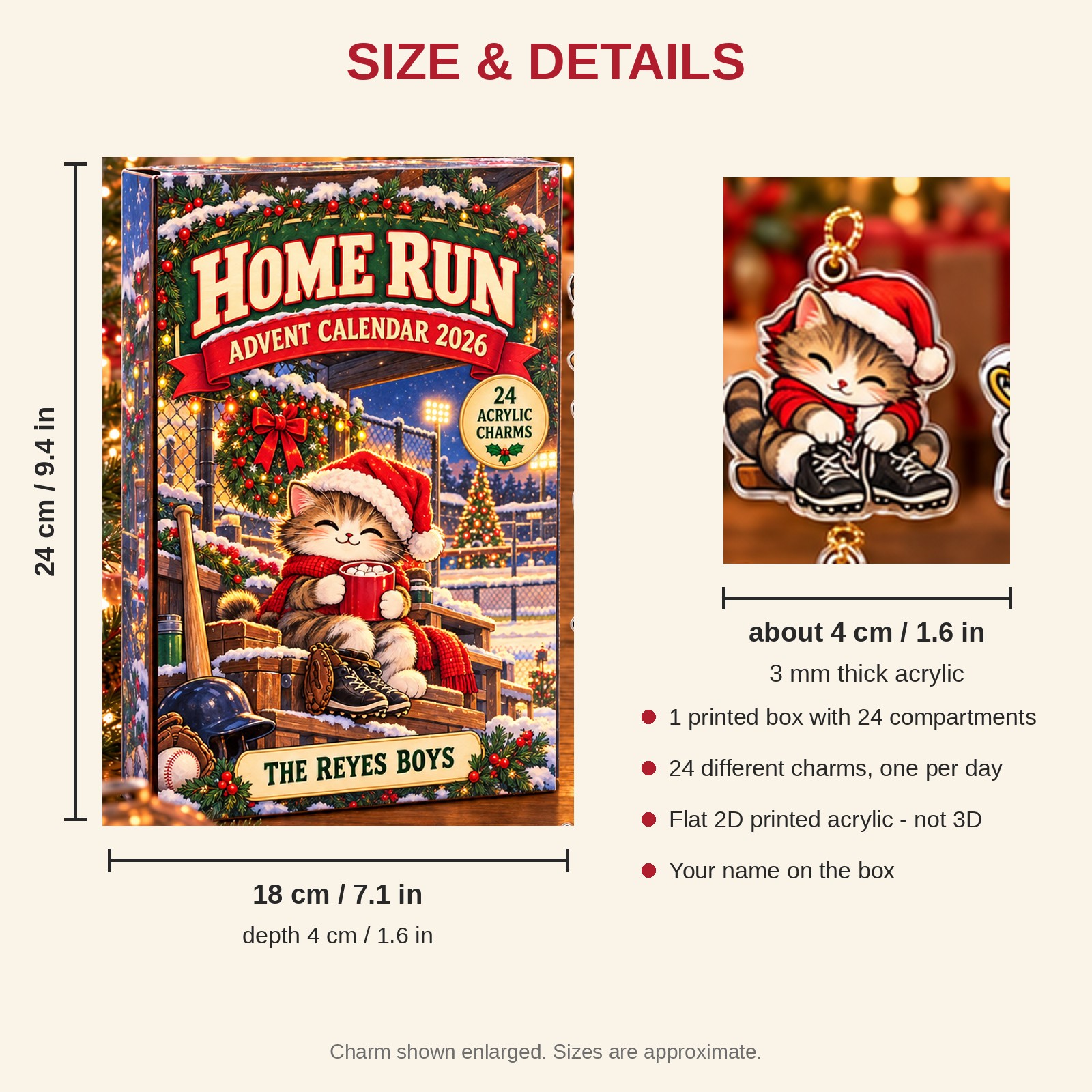 Personalized Baseball Cat advent calendar box with 24 flat acrylic Christmas charms: box and charm sizes