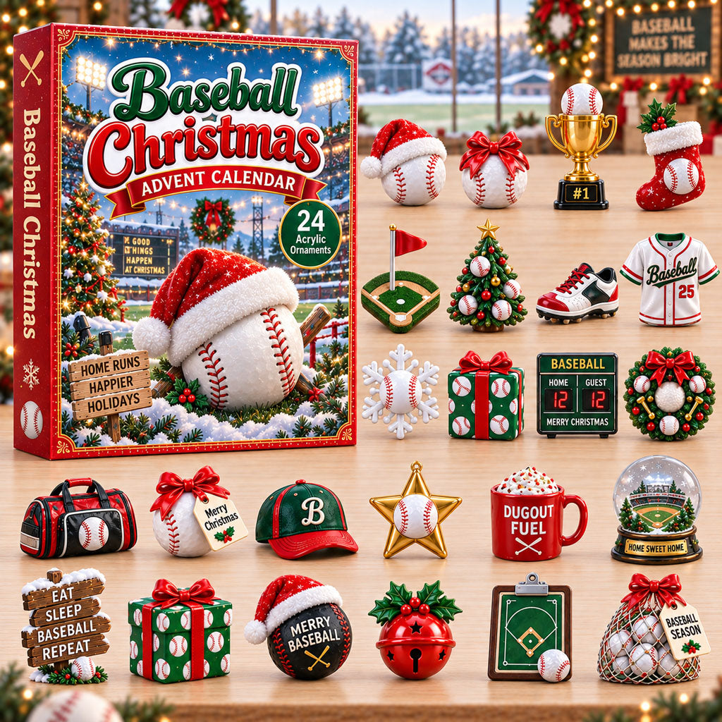 Baseball Christmas advent calendar box with 24 acrylic Christmas charms