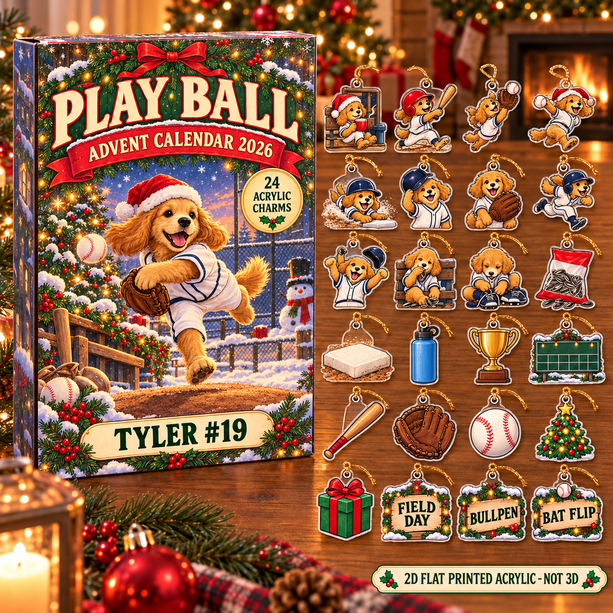 Personalized Baseball Dog advent calendar box with 24 flat acrylic Christmas charms