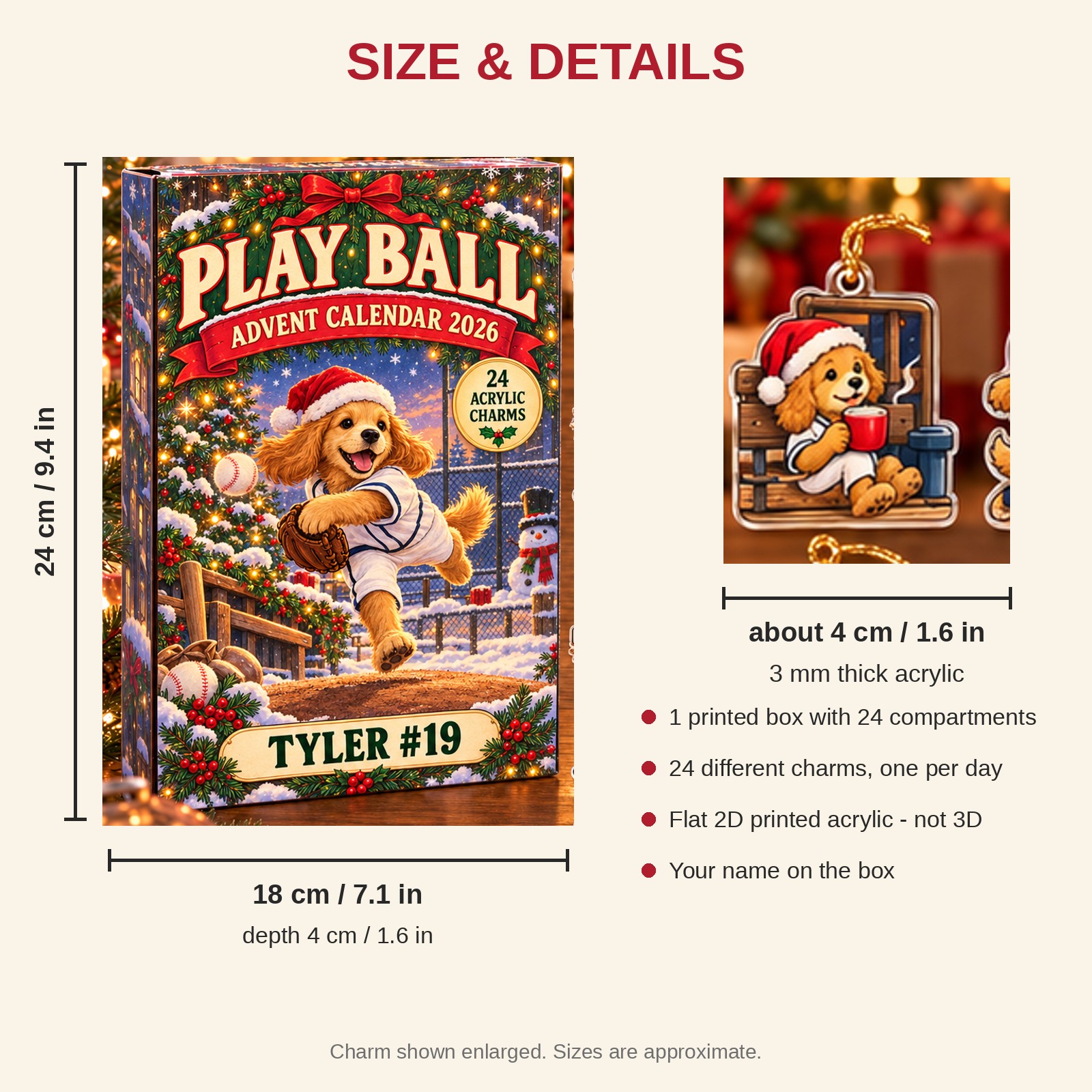 Personalized Baseball Dog advent calendar box with 24 flat acrylic Christmas charms: box and charm sizes