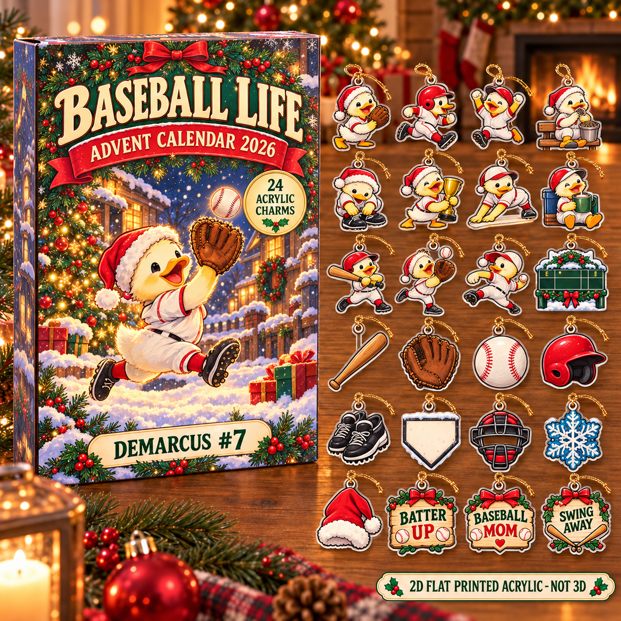 Personalized Baseball Duck advent calendar box with 24 flat acrylic Christmas charms