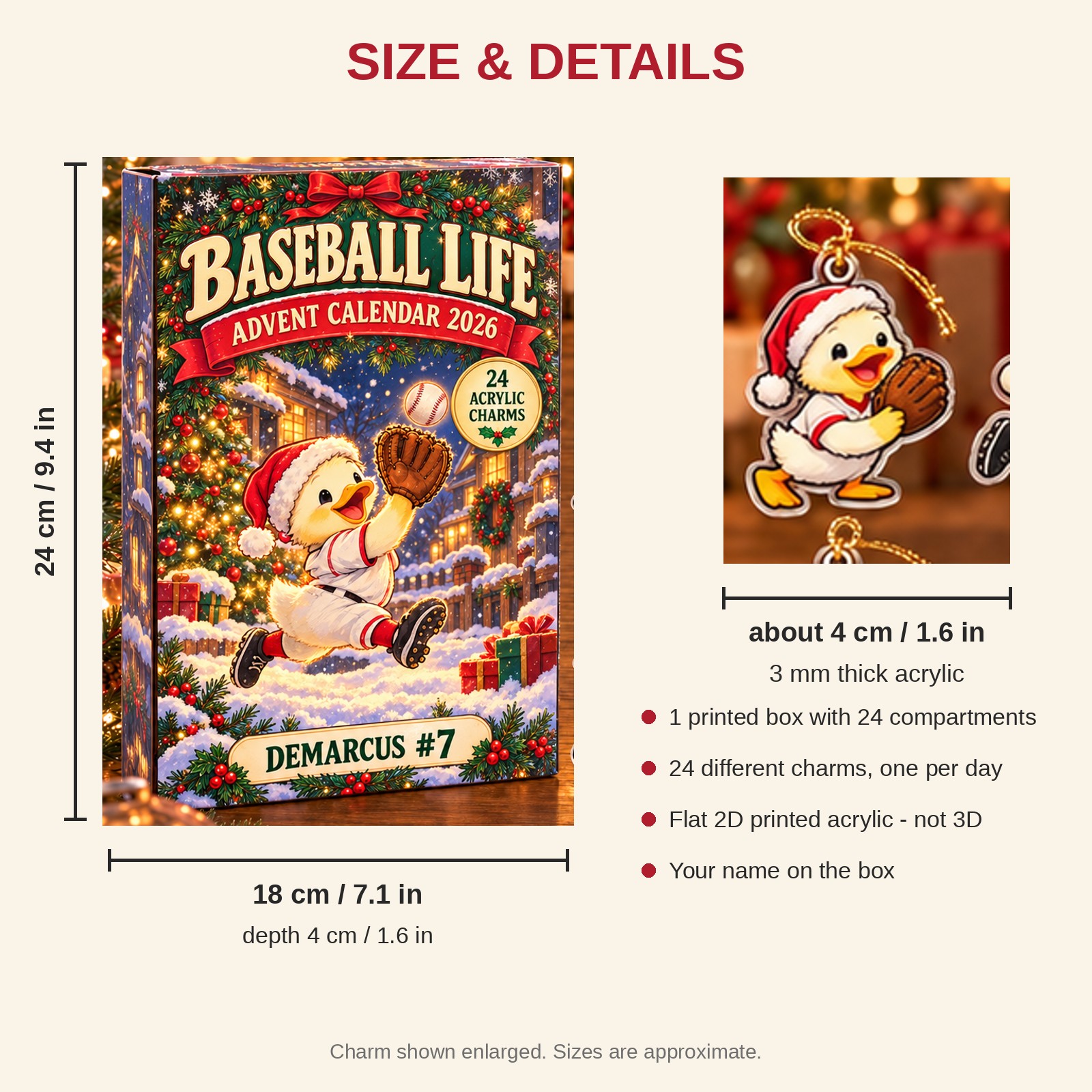 Personalized Baseball Duck advent calendar box with 24 flat acrylic Christmas charms: box and charm sizes