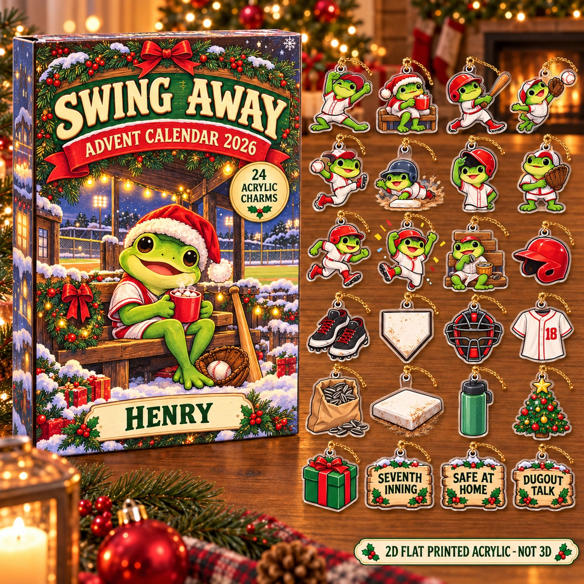 Personalized Baseball Frog advent calendar box with 24 flat acrylic Christmas charms