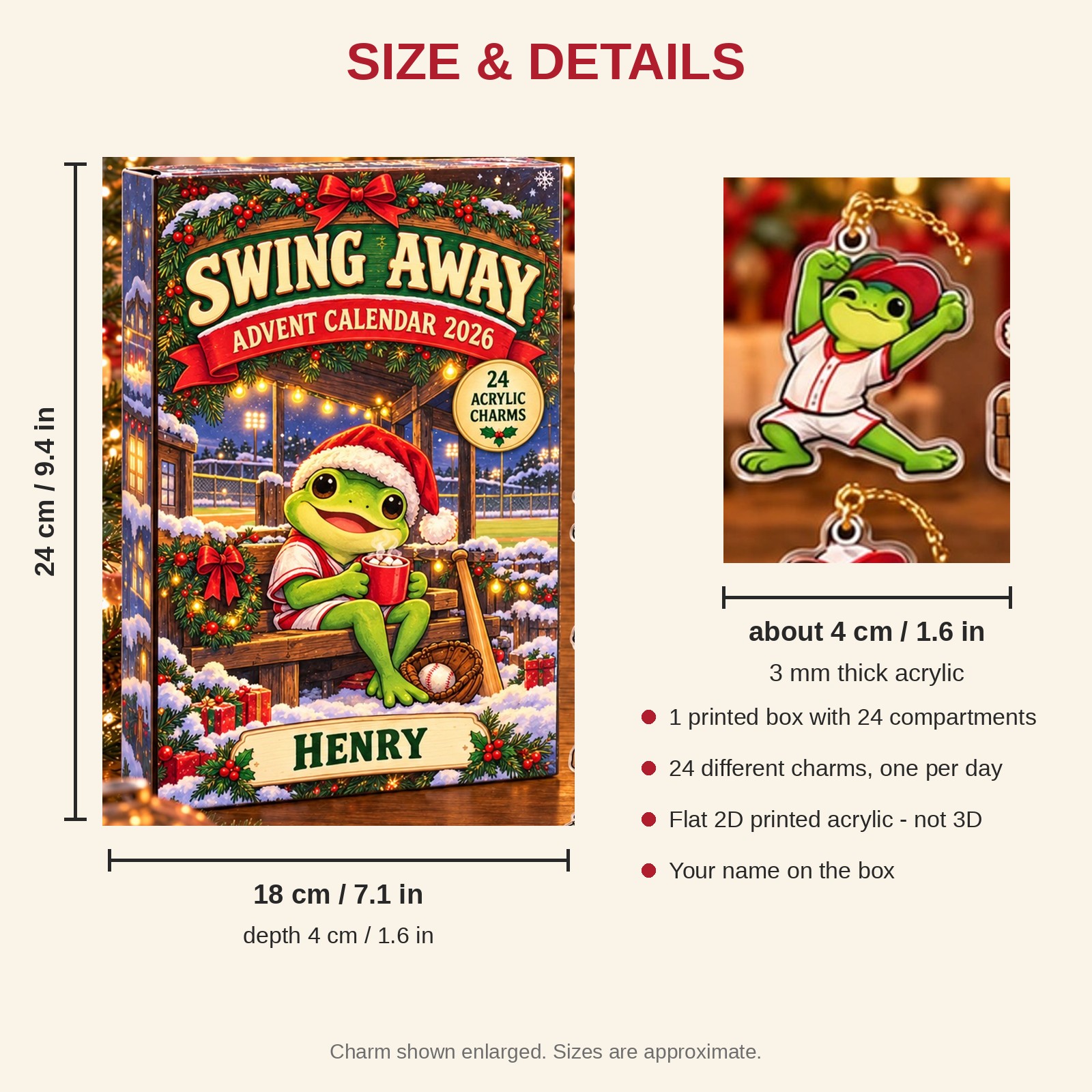 Personalized Baseball Frog advent calendar box with 24 flat acrylic Christmas charms: box and charm sizes
