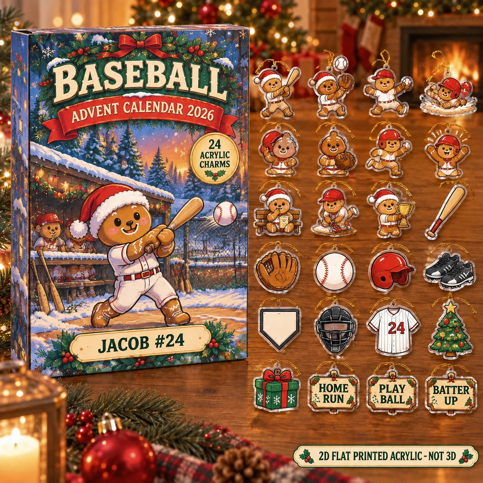 Personalized Baseball Gingerbread advent calendar box with 24 flat acrylic Christmas charms