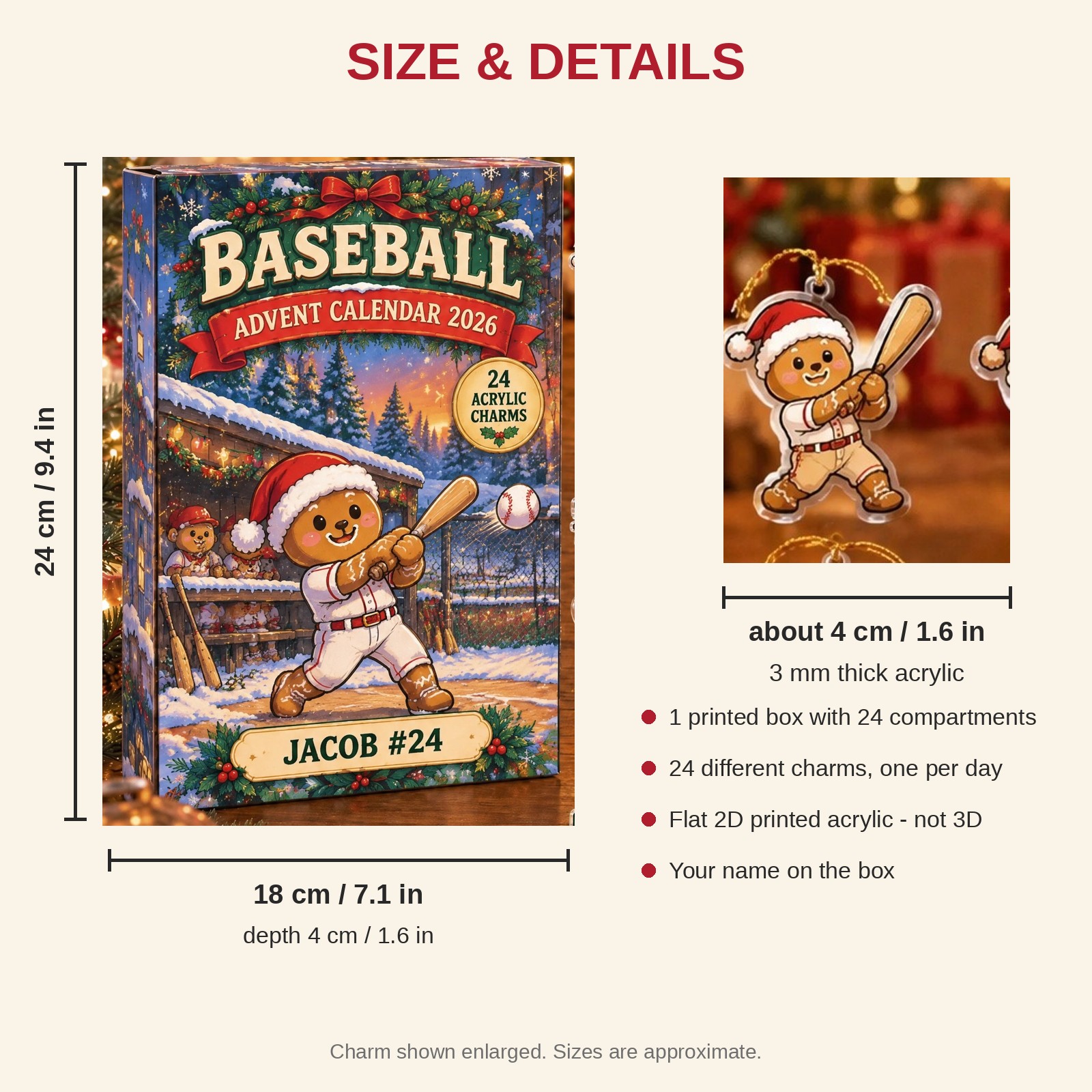 Personalized Baseball Gingerbread advent calendar box with 24 flat acrylic Christmas charms: box and charm sizes