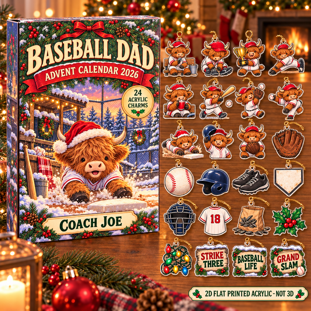 Personalized Baseball Highland Cow advent calendar box with 24 flat acrylic Christmas charms