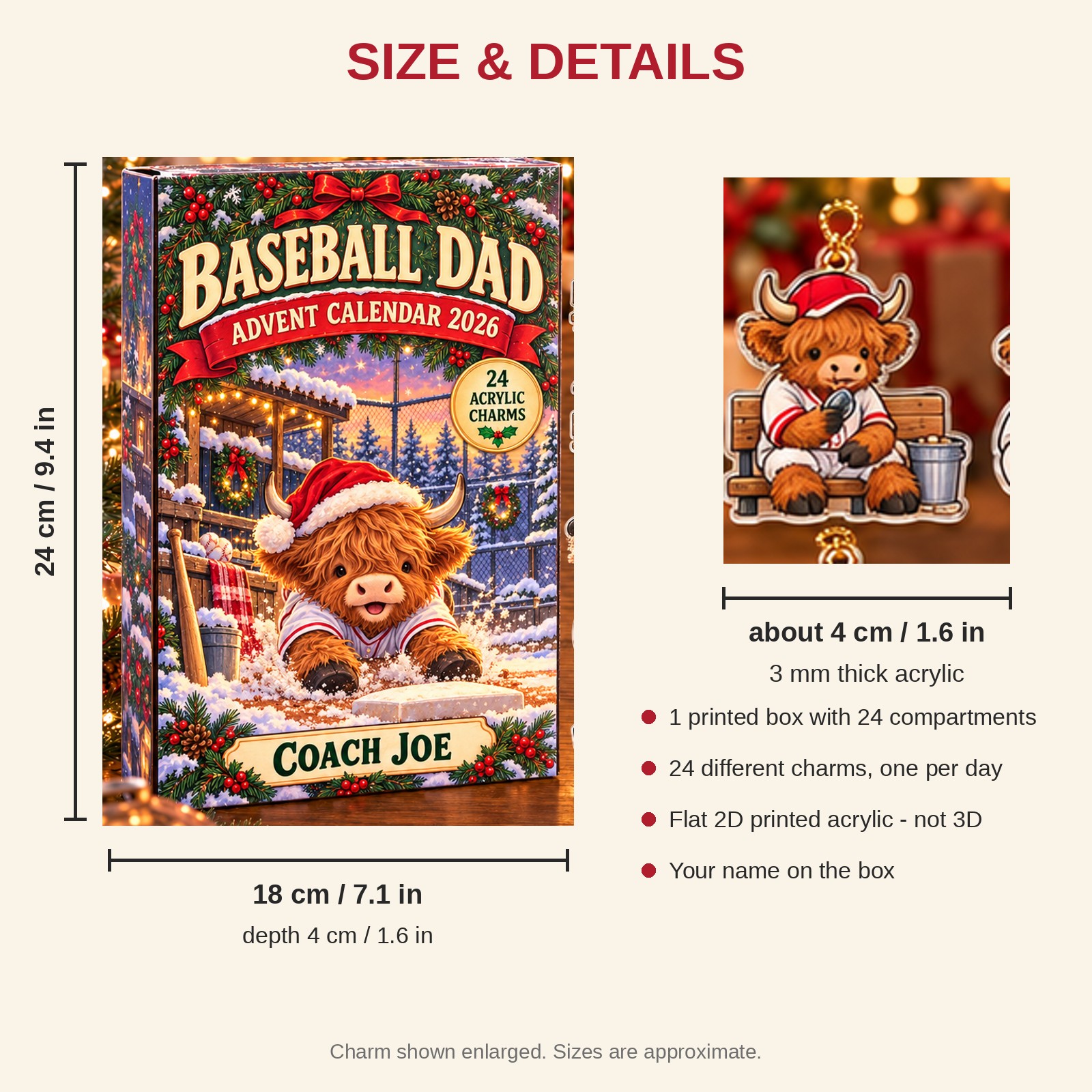 Personalized Baseball Highland Cow advent calendar box with 24 flat acrylic Christmas charms: box and charm sizes