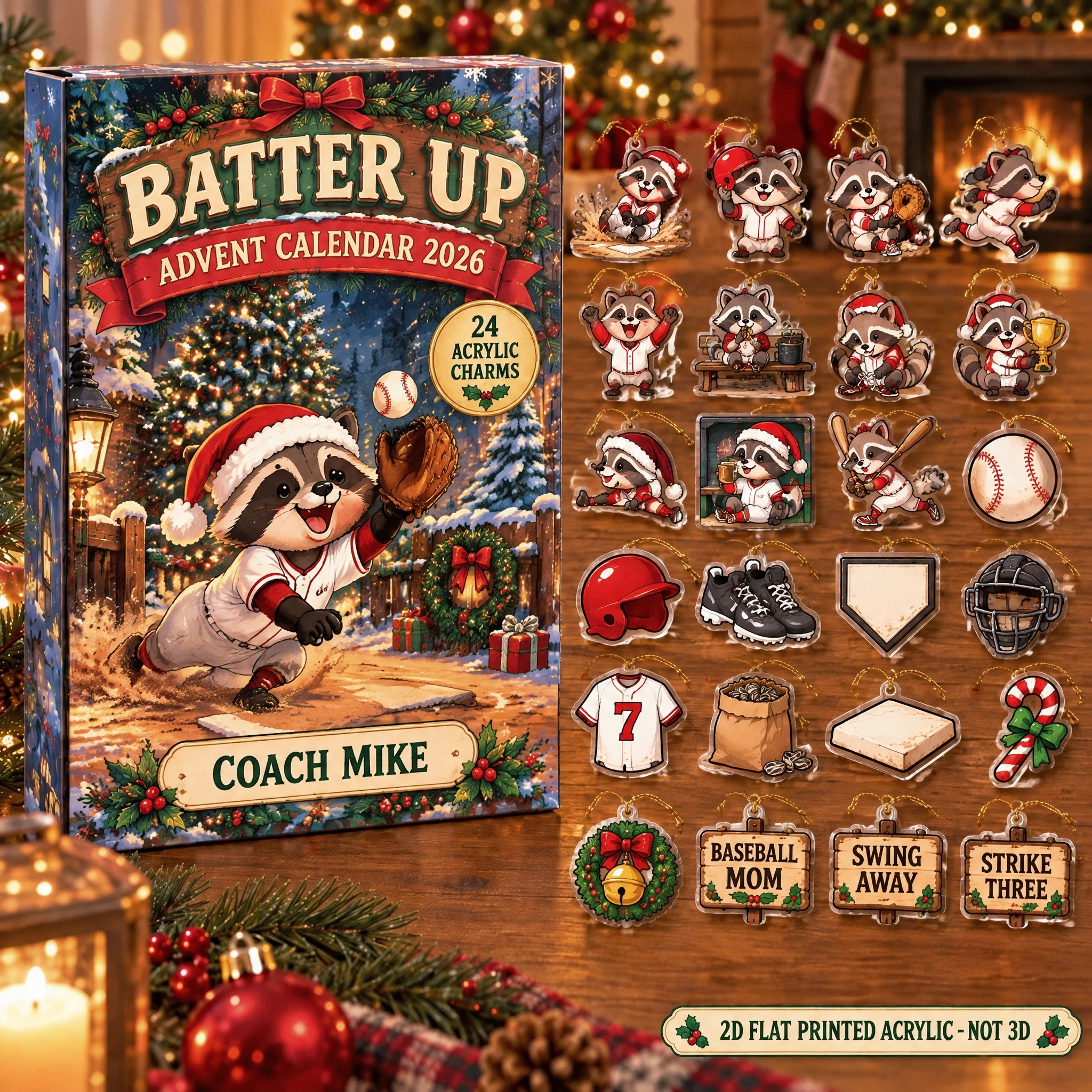 Personalized Baseball Raccoon advent calendar box with 24 flat acrylic Christmas charms