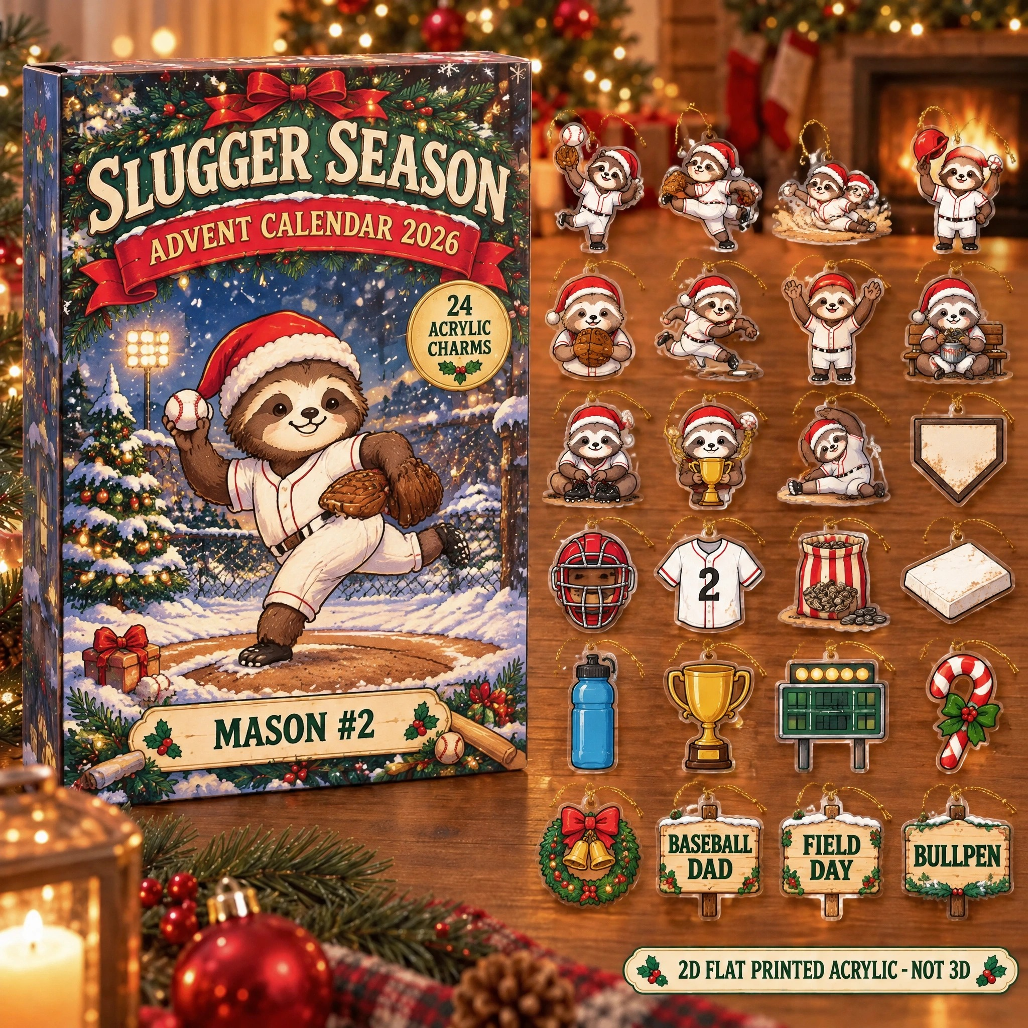 Personalized Baseball Sloth advent calendar box with 24 flat acrylic Christmas charms