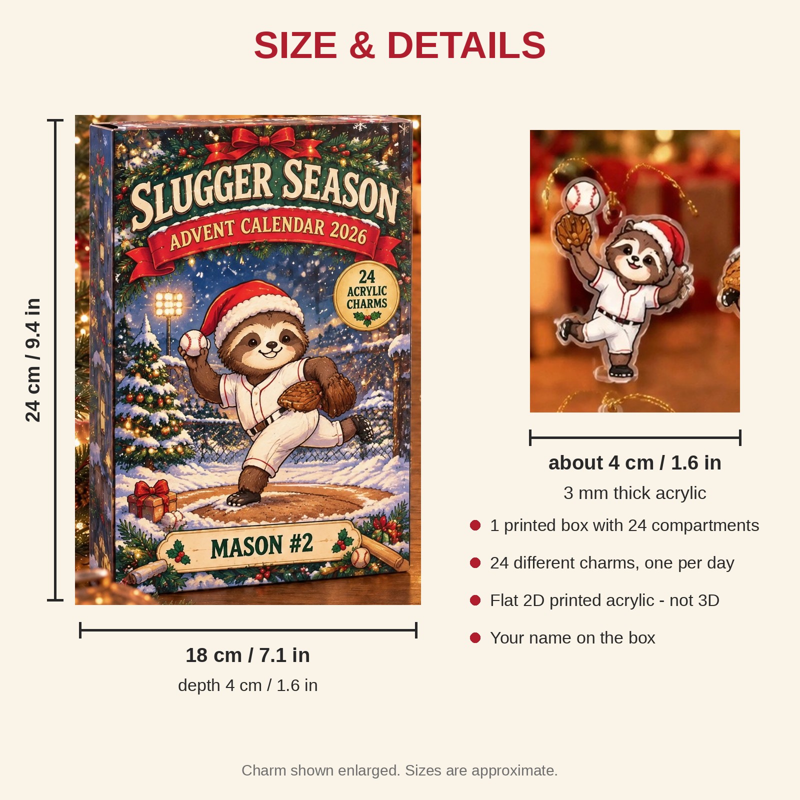 Personalized Baseball Sloth advent calendar box with 24 flat acrylic Christmas charms: box and charm sizes