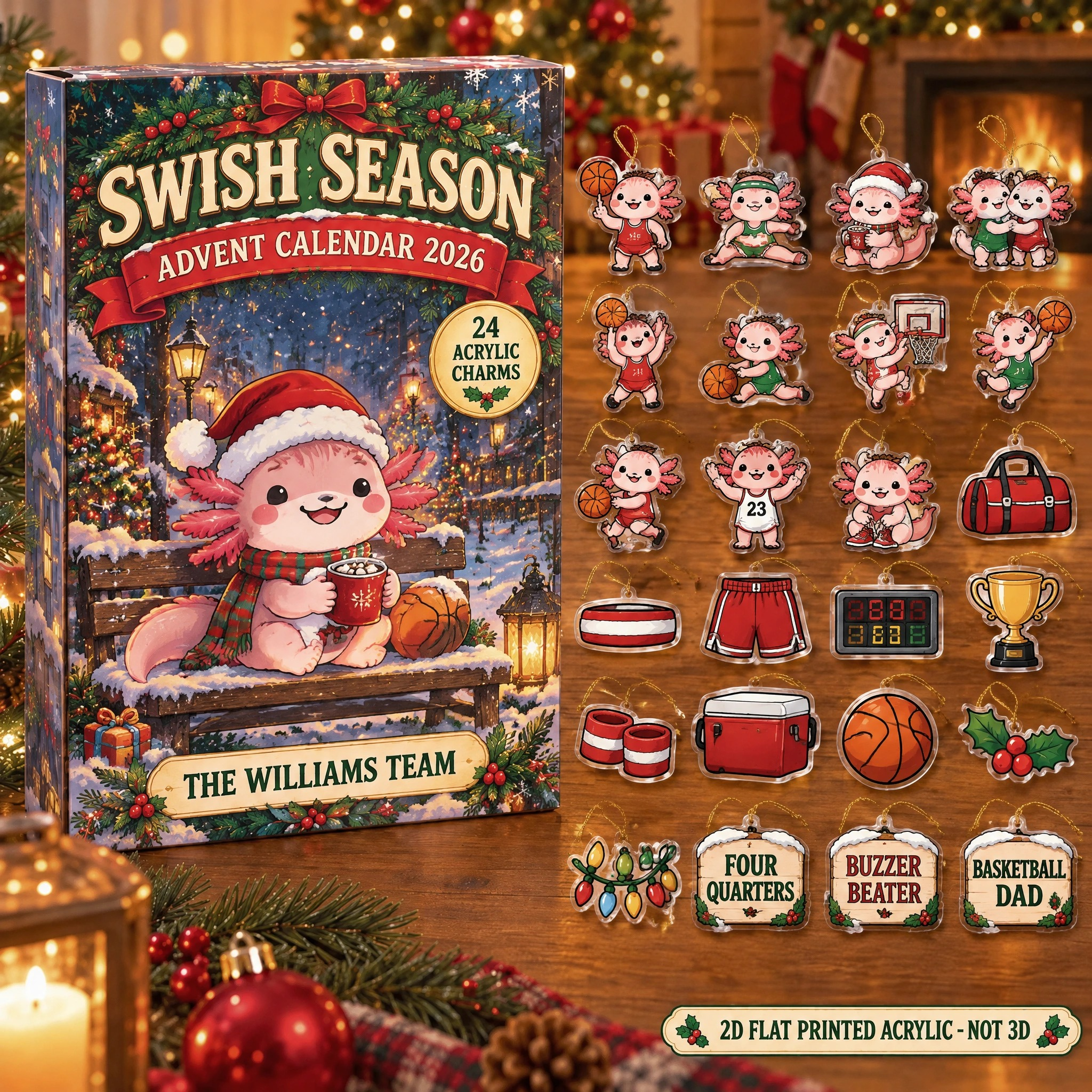 Personalized Basketball Axolotl advent calendar box with 24 flat acrylic Christmas charms