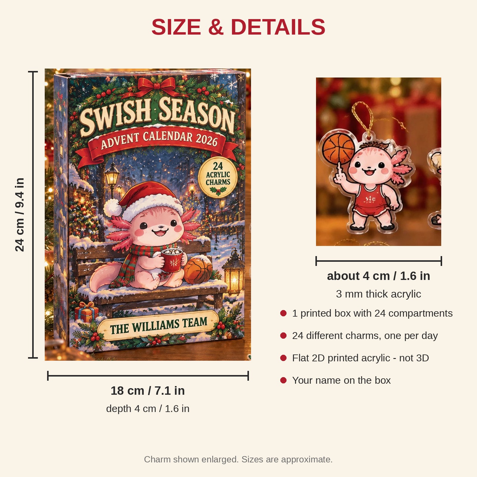 Personalized Basketball Axolotl advent calendar box with 24 flat acrylic Christmas charms: box and charm sizes