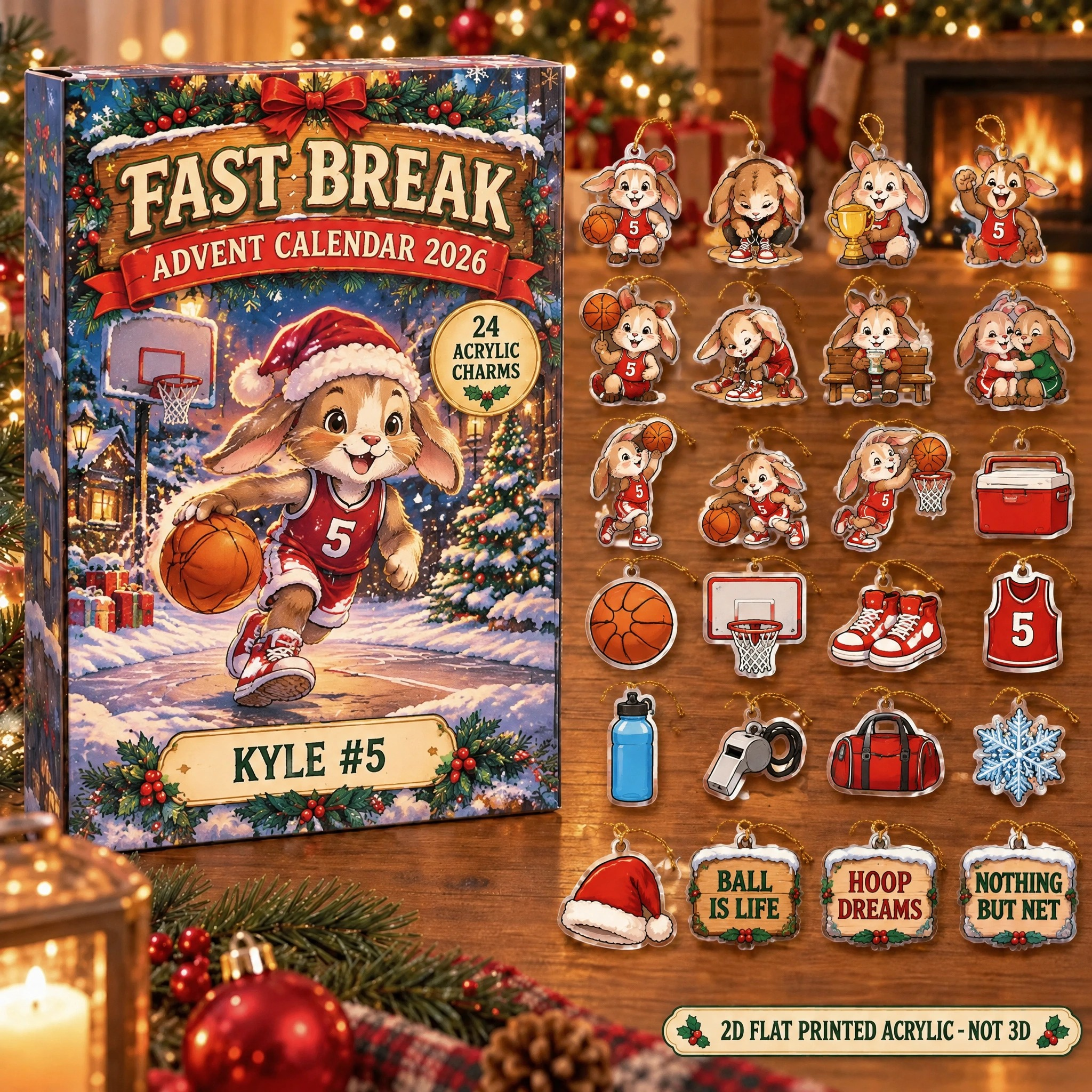 Personalized Basketball Bunny advent calendar box with 24 flat acrylic Christmas charms
