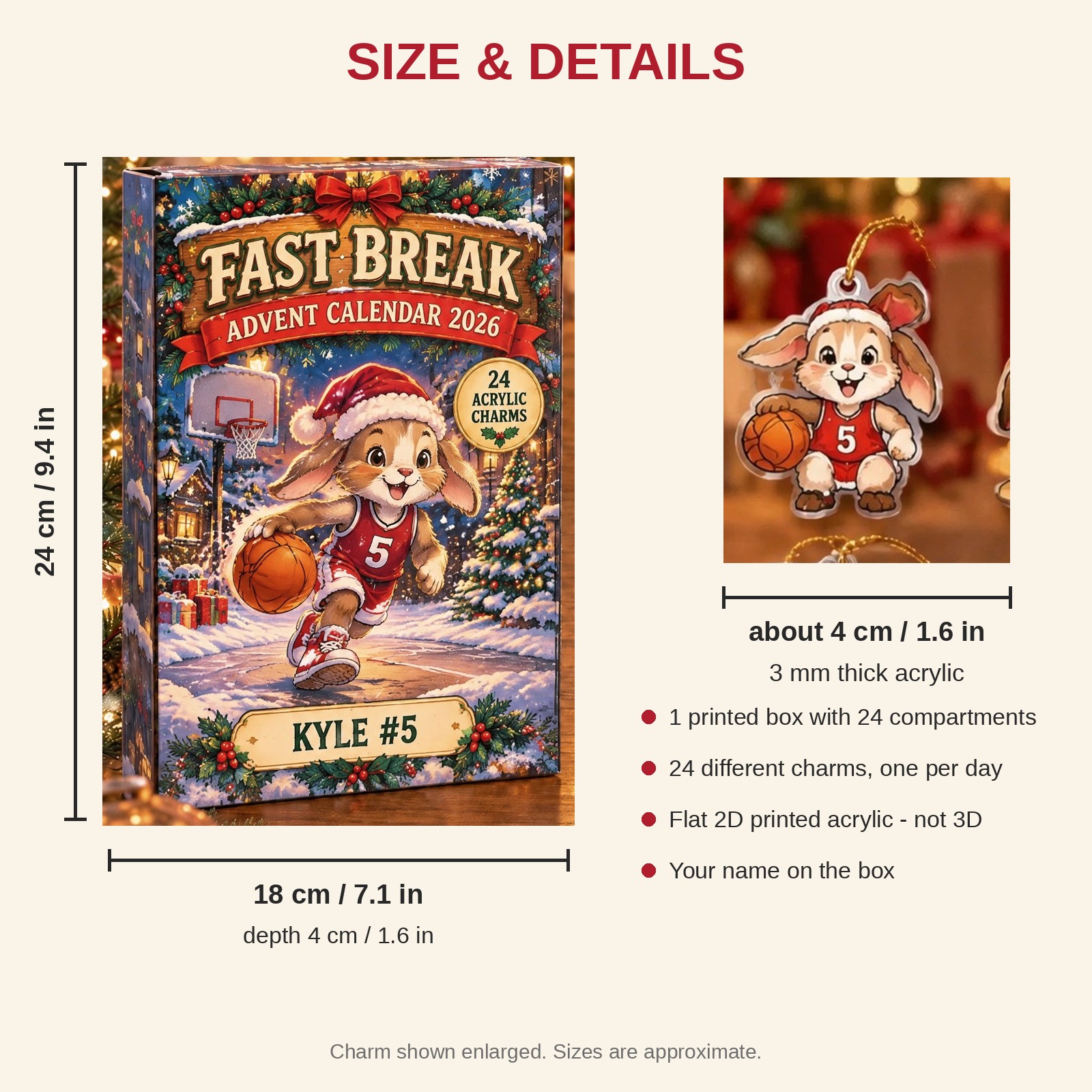 Personalized Basketball Bunny advent calendar box with 24 flat acrylic Christmas charms: box and charm sizes