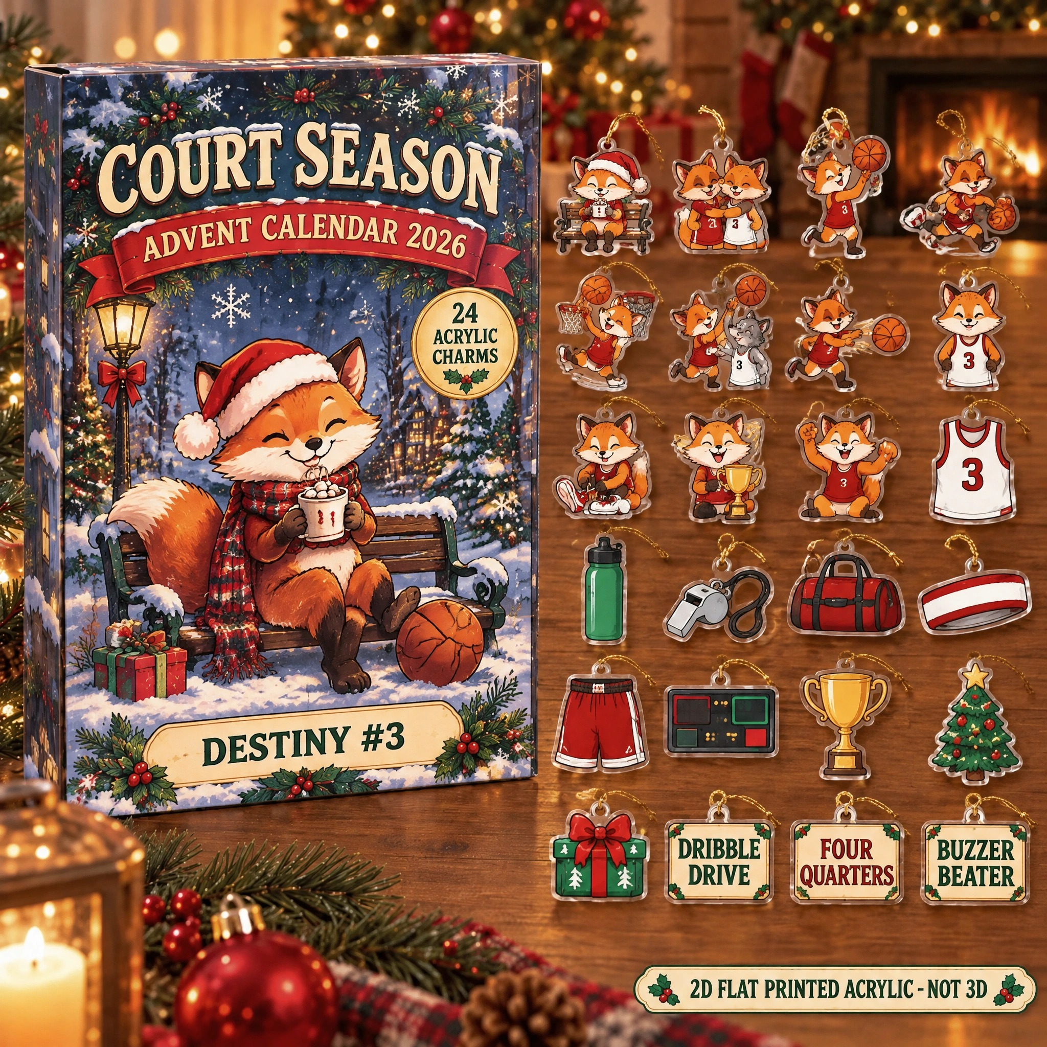 Personalized Basketball Fox advent calendar box with 24 flat acrylic Christmas charms