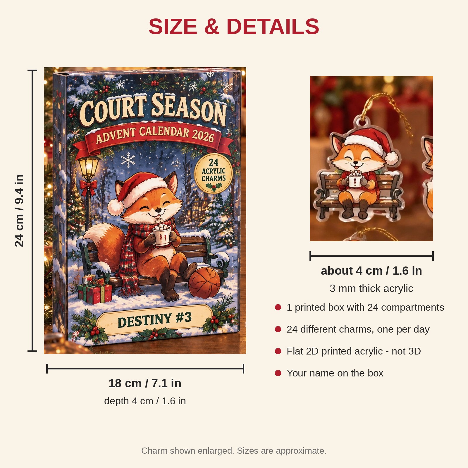 Personalized Basketball Fox advent calendar box with 24 flat acrylic Christmas charms: box and charm sizes