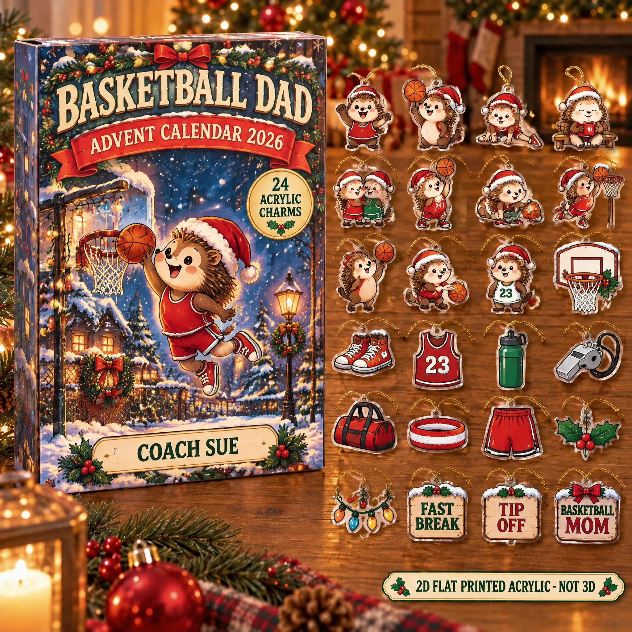 Personalized Basketball Hedgehog advent calendar box with 24 flat acrylic Christmas charms