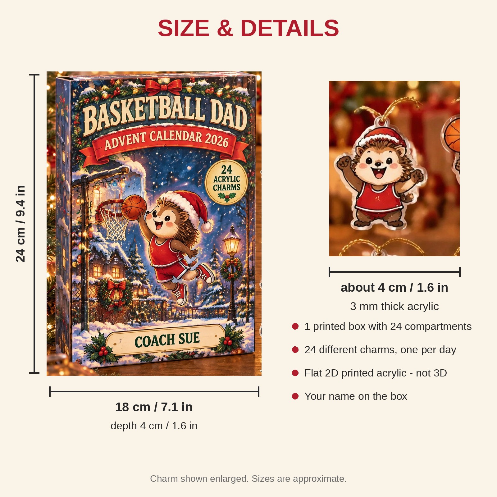Personalized Basketball Hedgehog advent calendar box with 24 flat acrylic Christmas charms: box and charm sizes