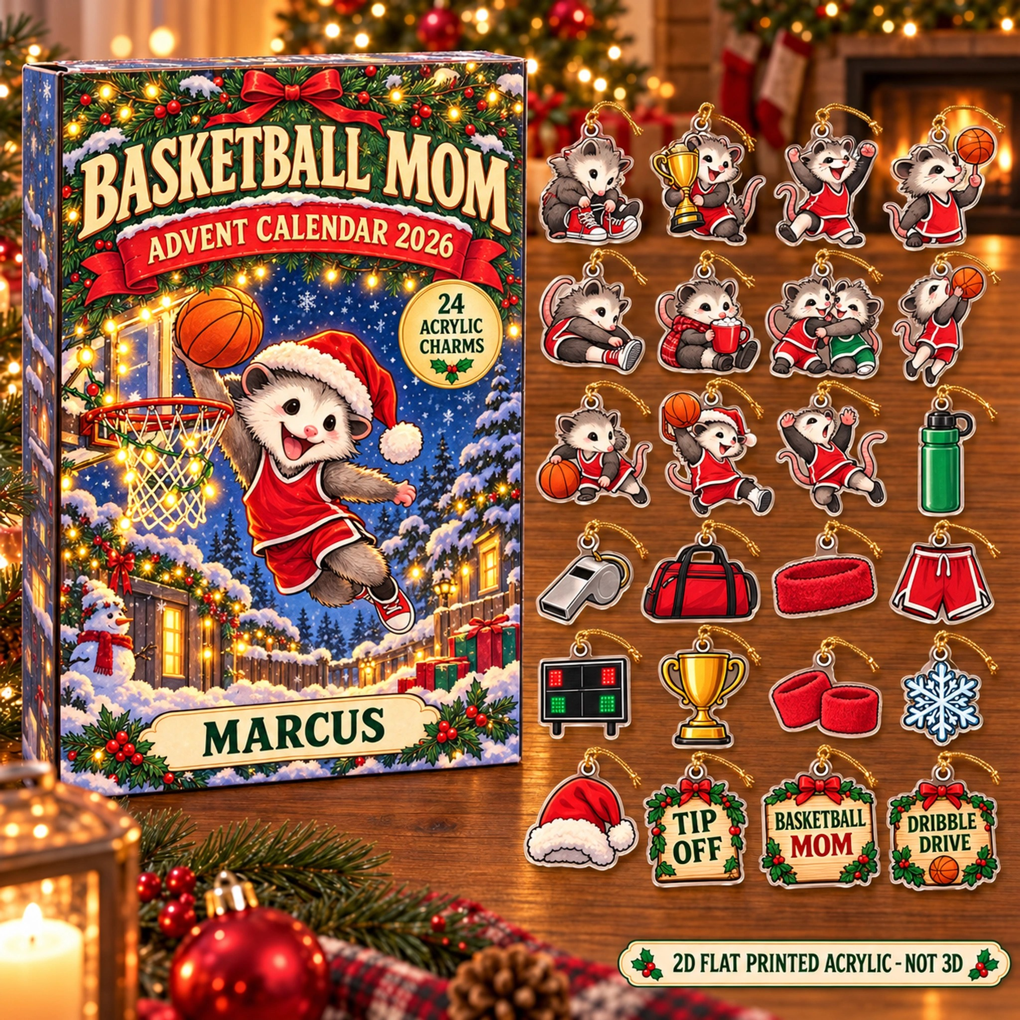 Personalized Basketball Opossum advent calendar box with 24 flat acrylic Christmas charms
