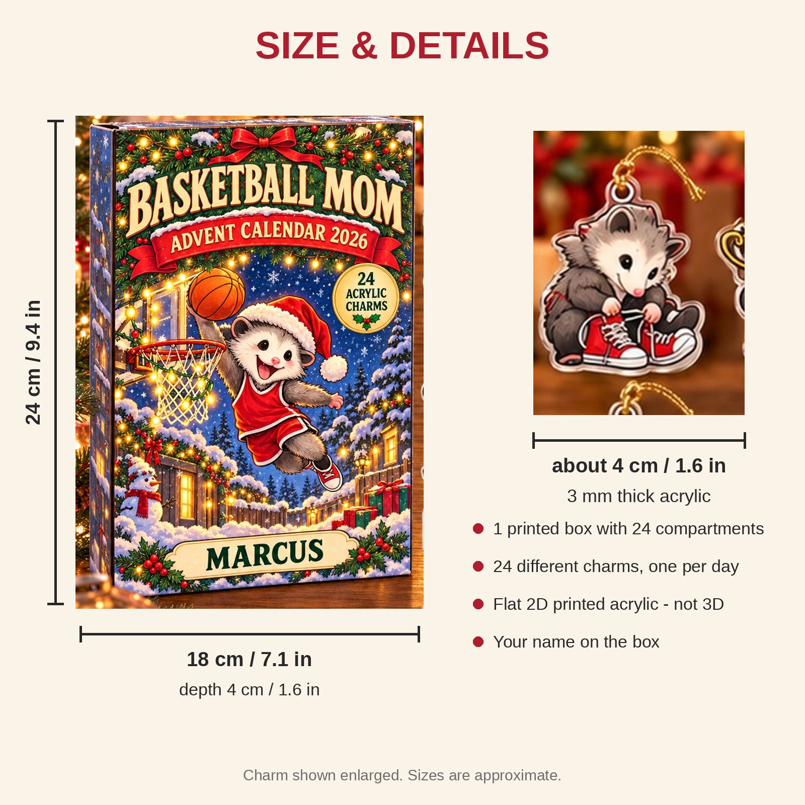 Personalized Basketball Opossum advent calendar box with 24 flat acrylic Christmas charms: box and charm sizes