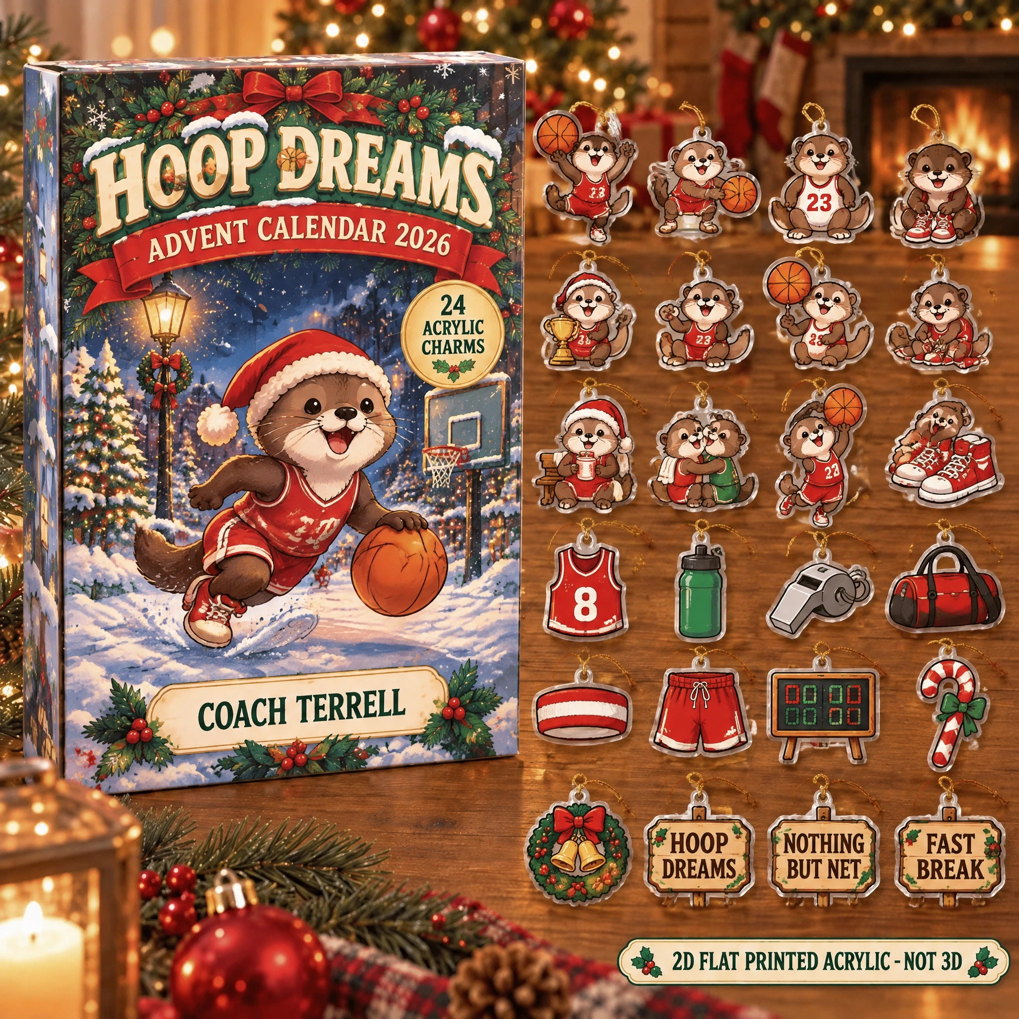 Personalized Basketball Otter advent calendar box with 24 flat acrylic Christmas charms
