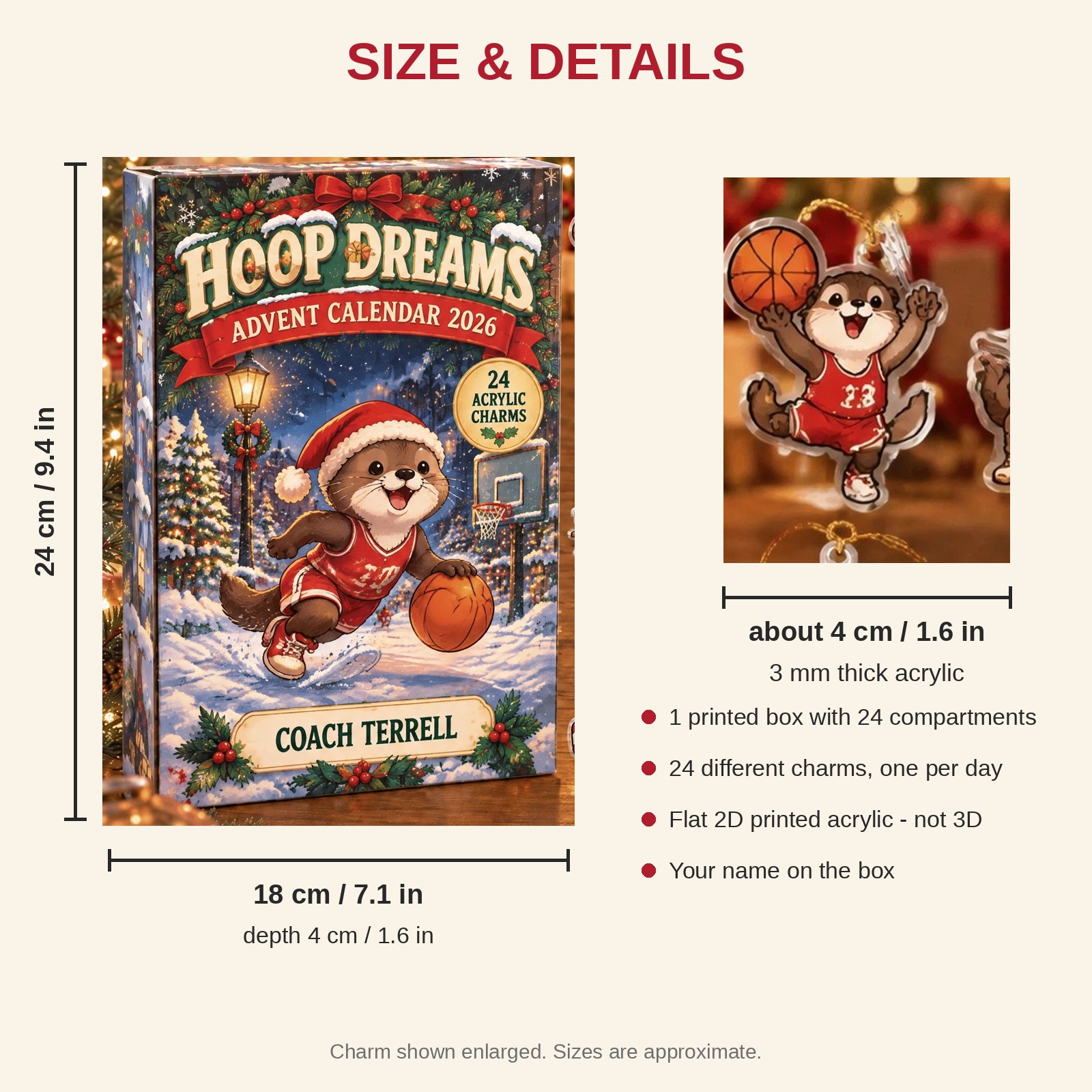 Personalized Basketball Otter advent calendar box with 24 flat acrylic Christmas charms: box and charm sizes