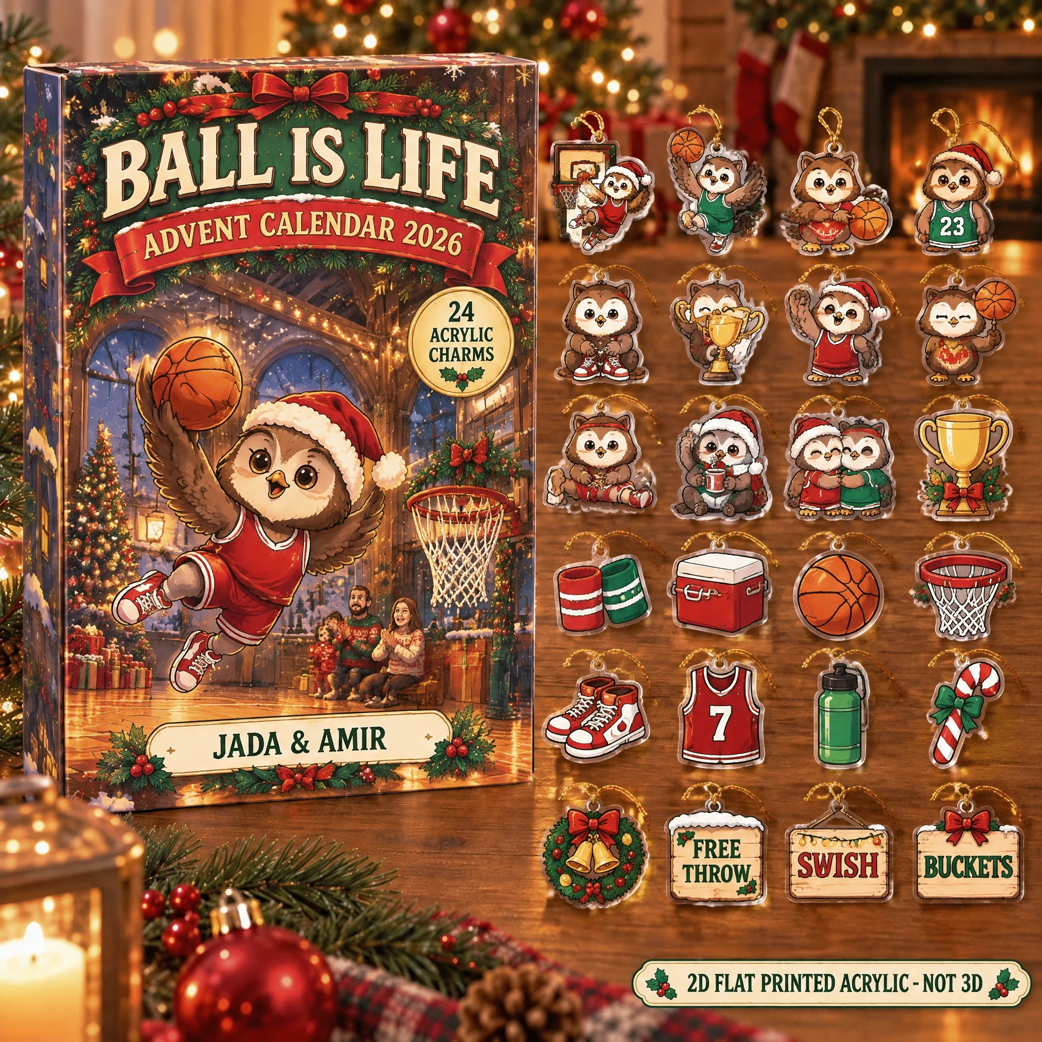 Personalized Basketball Owl advent calendar box with 24 flat acrylic Christmas charms