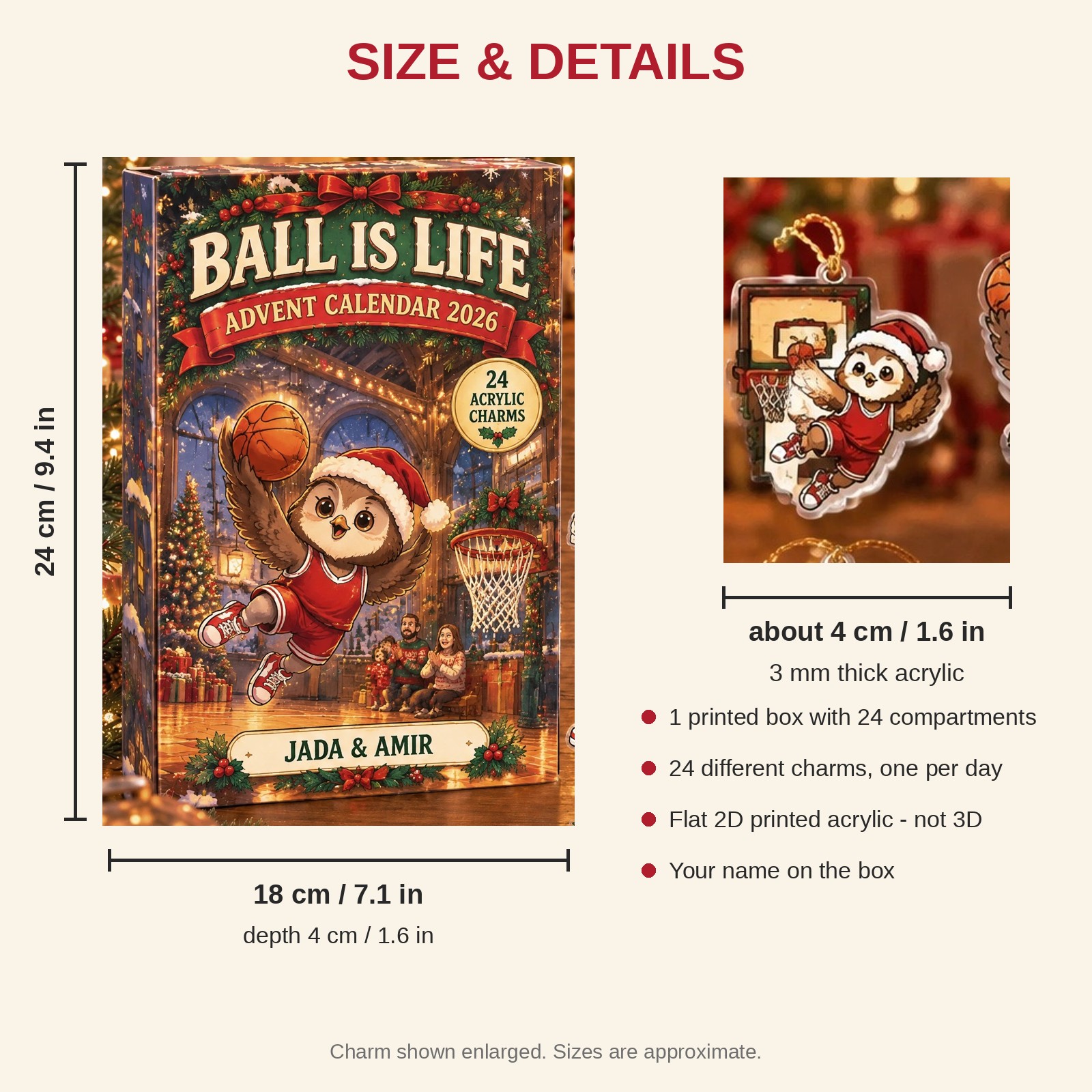Personalized Basketball Owl advent calendar box with 24 flat acrylic Christmas charms: box and charm sizes