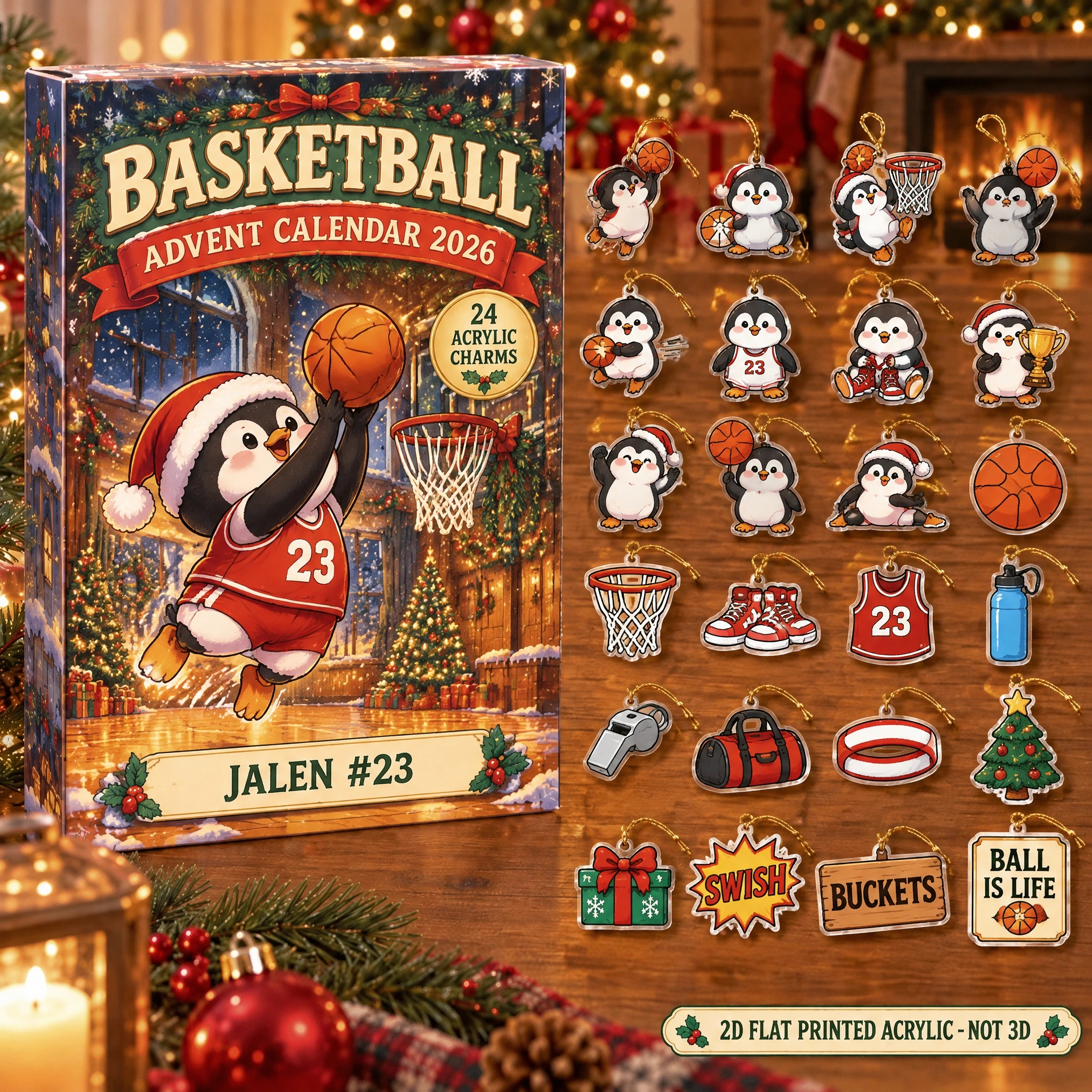Personalized Basketball Penguin advent calendar box with 24 flat acrylic Christmas charms