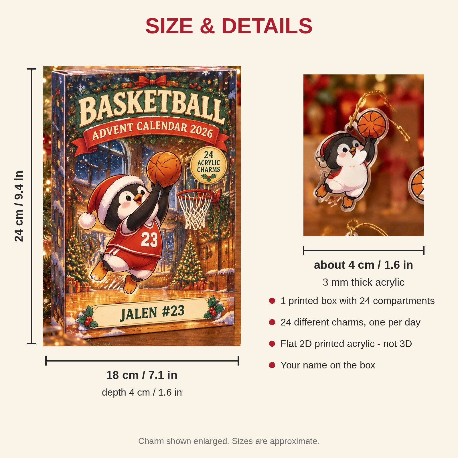 Personalized Basketball Penguin advent calendar box with 24 flat acrylic Christmas charms: box and charm sizes