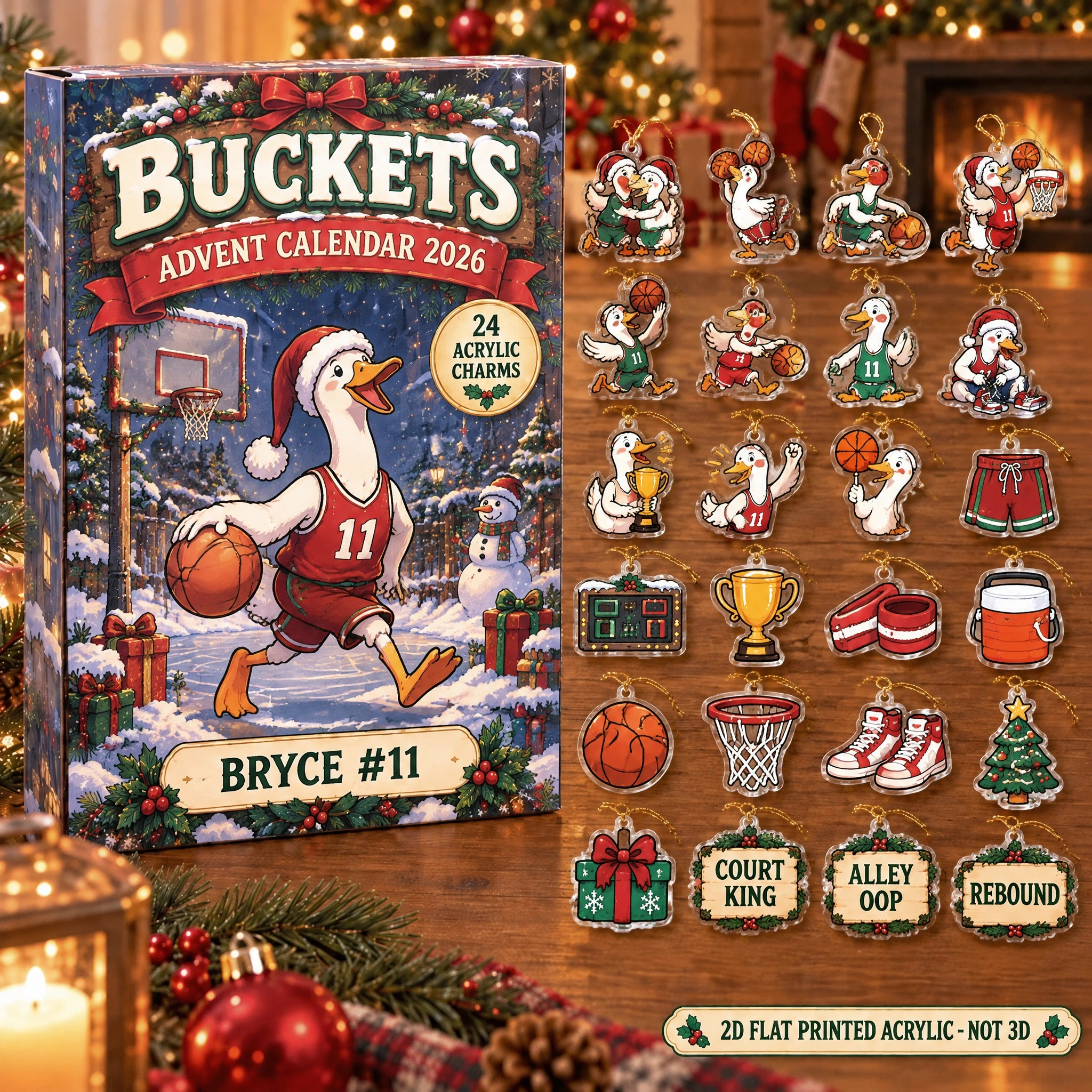 Personalized Basketball Silly Goose advent calendar box with 24 flat acrylic Christmas charms