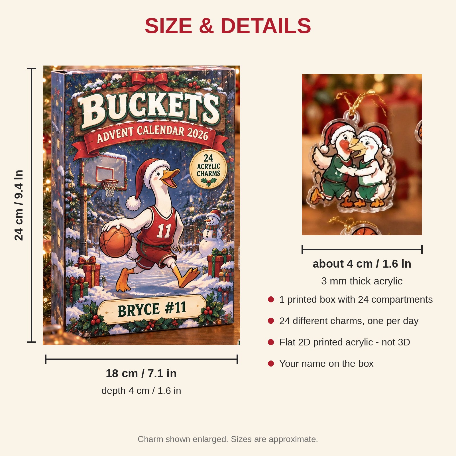Personalized Basketball Silly Goose advent calendar box with 24 flat acrylic Christmas charms: box and charm sizes