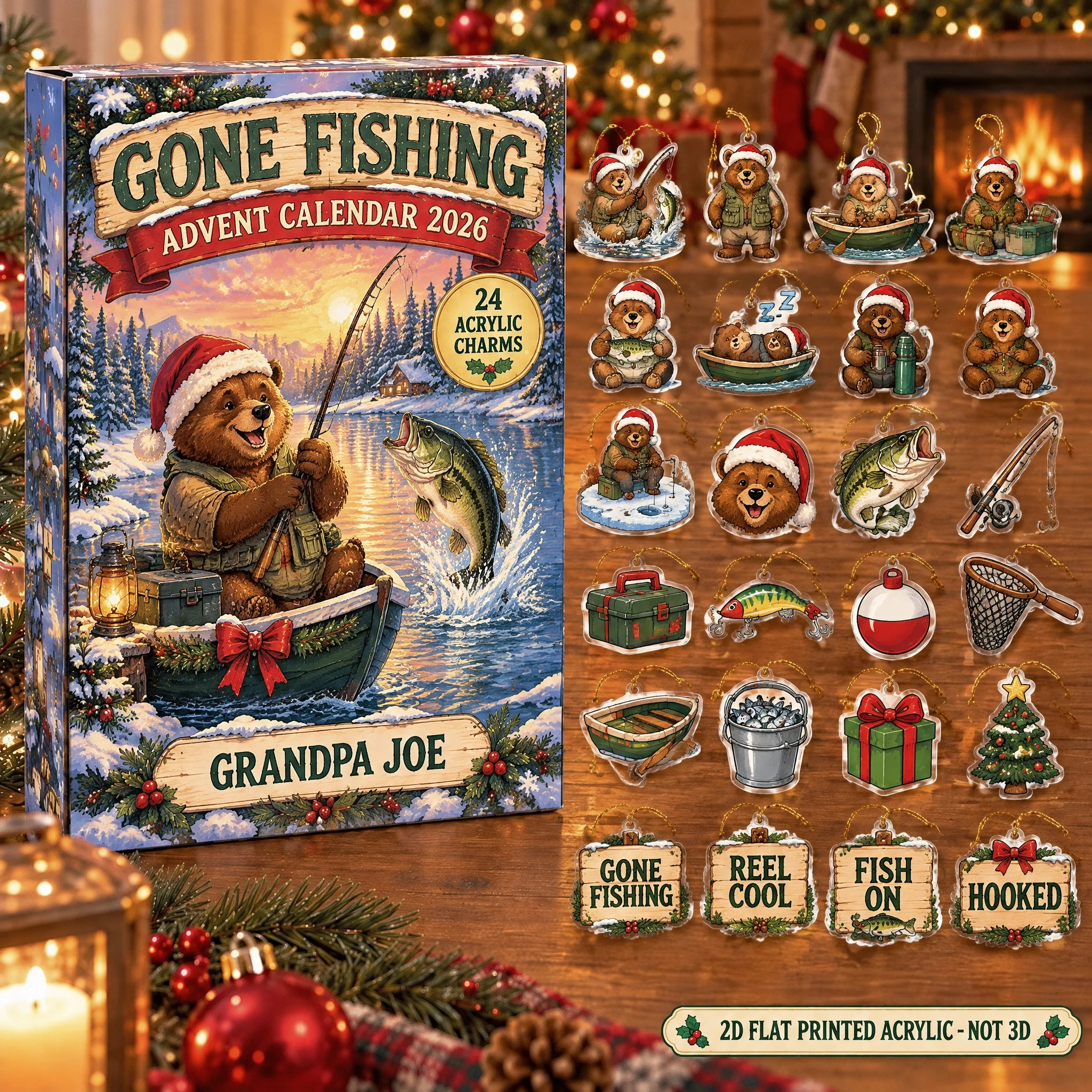 Personalized Bass Fishing Bear advent calendar box with 24 flat acrylic Christmas charms