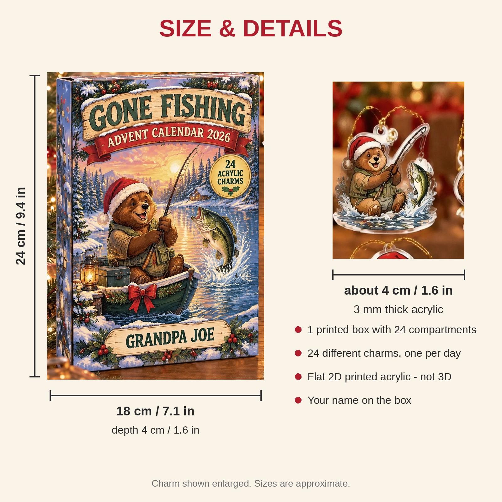 Personalized Bass Fishing Bear advent calendar box with 24 flat acrylic Christmas charms: box and charm sizes