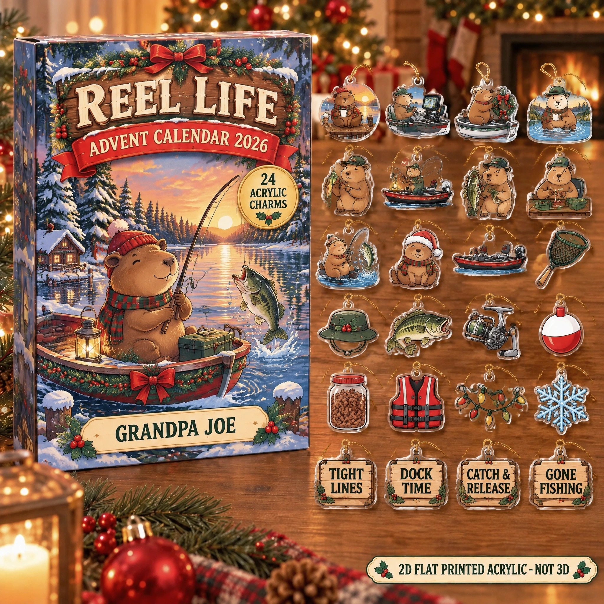 Personalized Bass Fishing Capybara advent calendar box with 24 flat acrylic Christmas charms