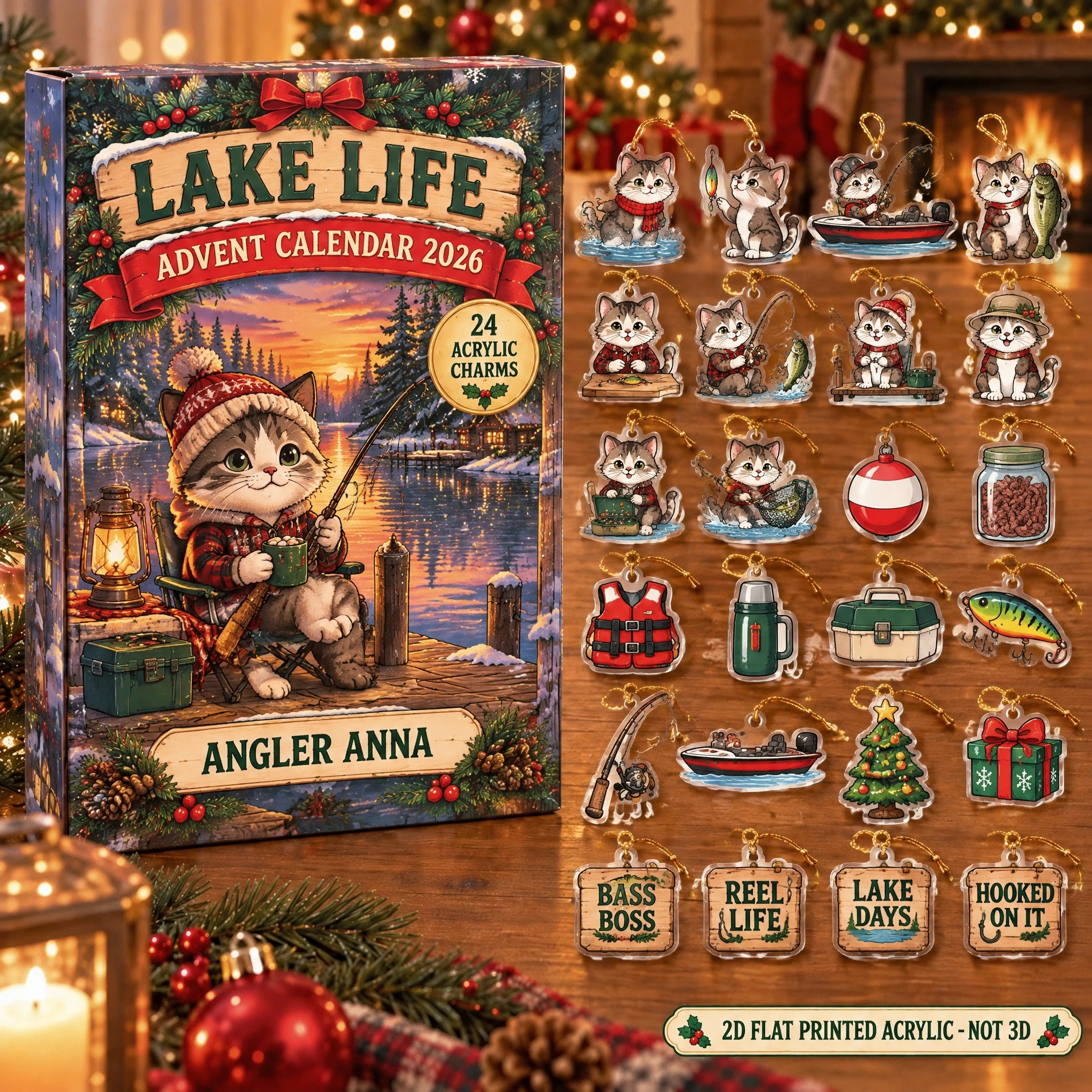 Personalized Bass Fishing Cat advent calendar box with 24 flat acrylic Christmas charms