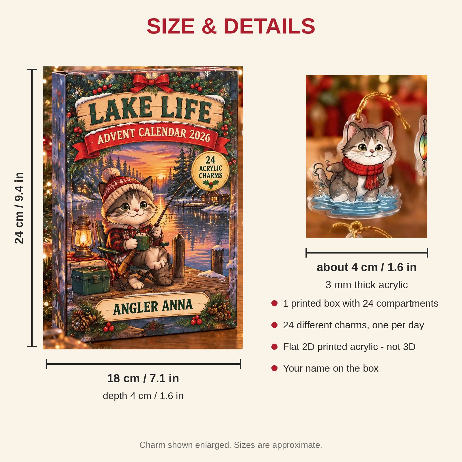 Personalized Bass Fishing Cat advent calendar box with 24 flat acrylic Christmas charms: box and charm sizes