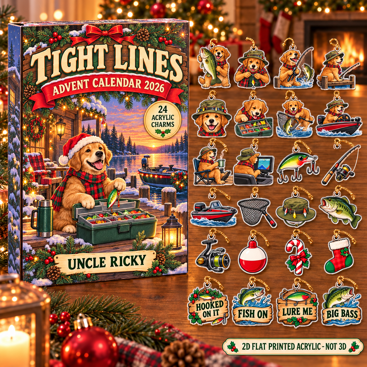 Personalized Bass Fishing Dog advent calendar box with 24 flat acrylic Christmas charms