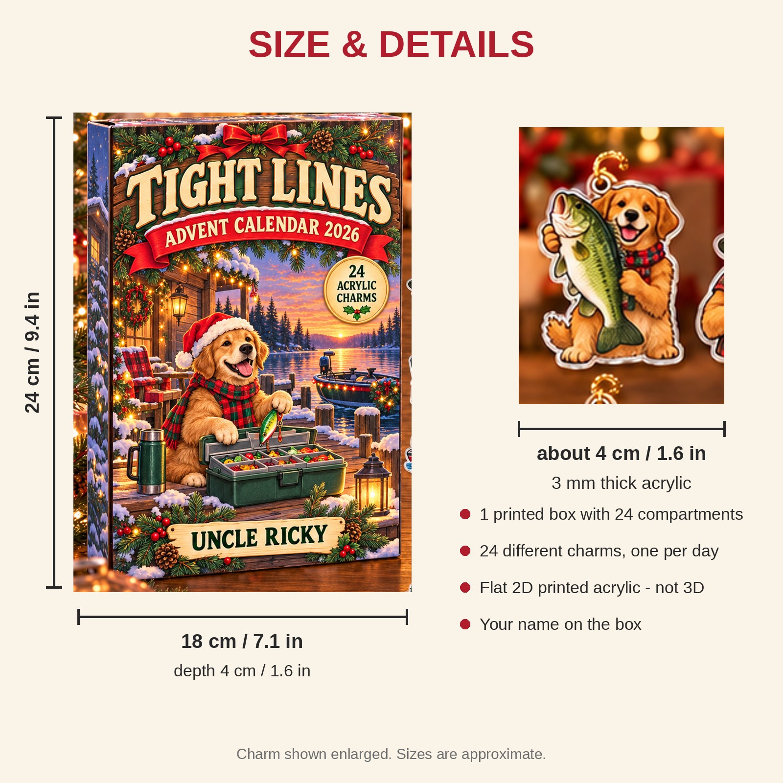 Personalized Bass Fishing Dog advent calendar box with 24 flat acrylic Christmas charms: box and charm sizes